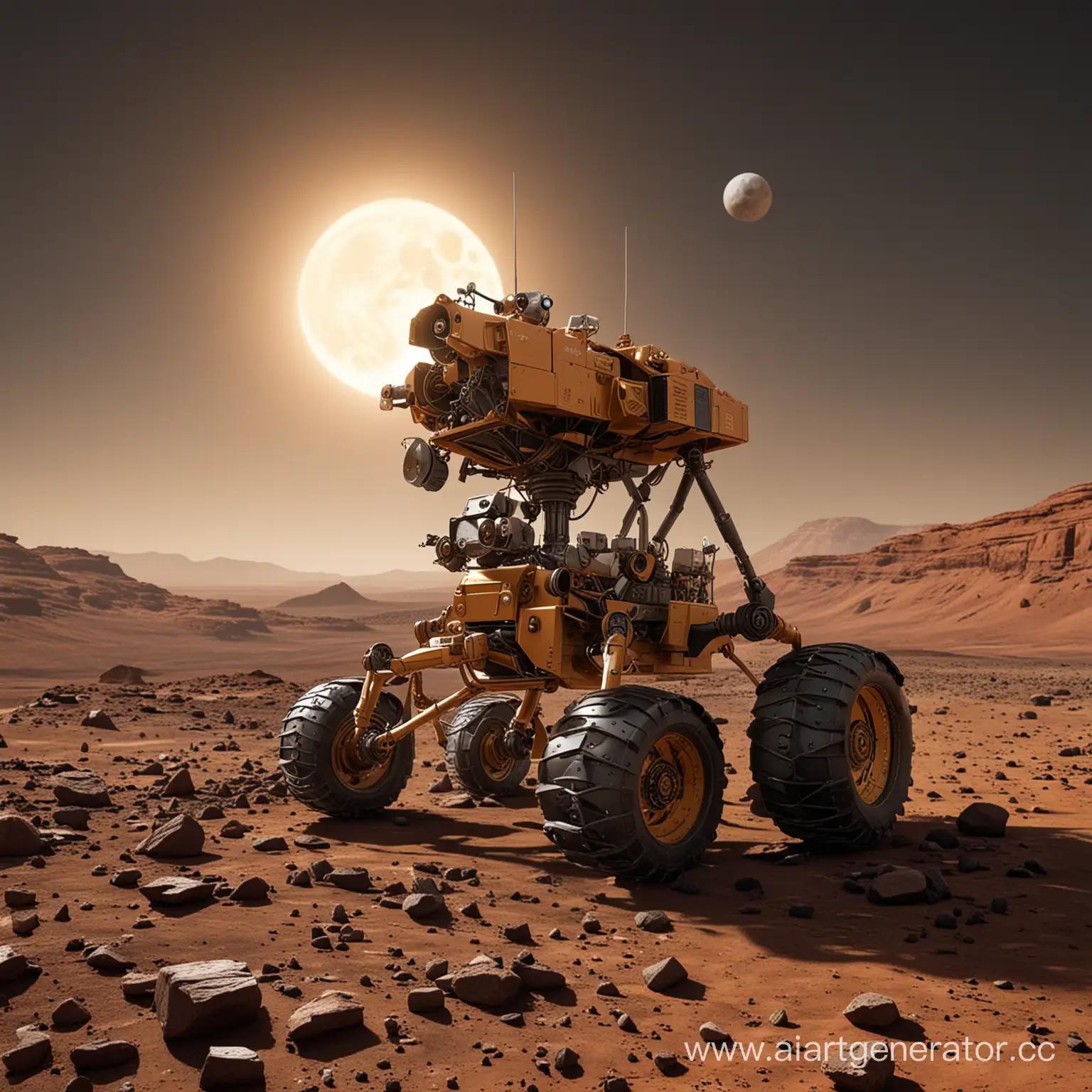 Robot-Hornet-Devouring-Mars-Rover-Wheel-Under-Falling-Moon