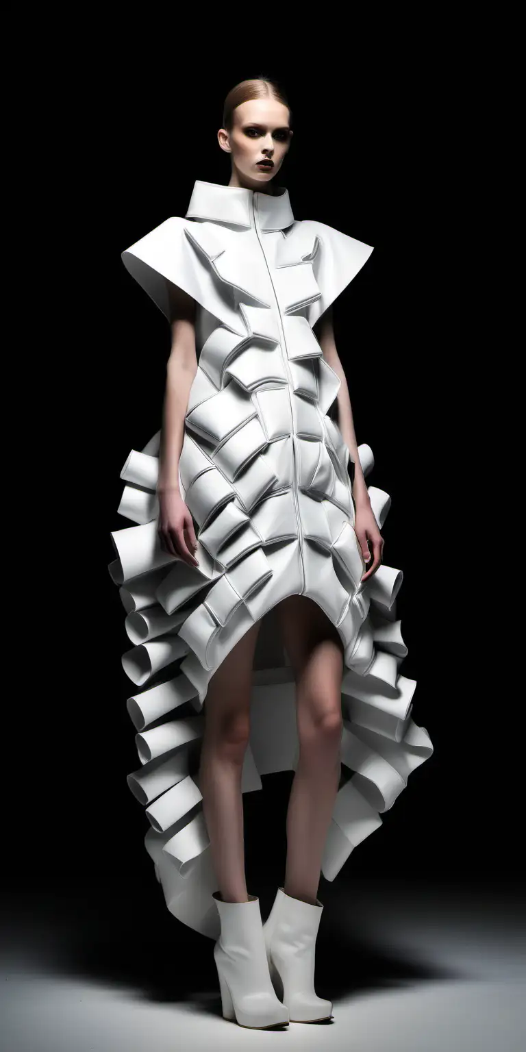 oversize dress, white, avant-garde design,  street style, post modern design, traditional and new, haute couture, model, fashion show, full body, front stance, mannequin, fashion design, exploring the intersection of creativity and self-expression art by unconventional materials and interactive elements.