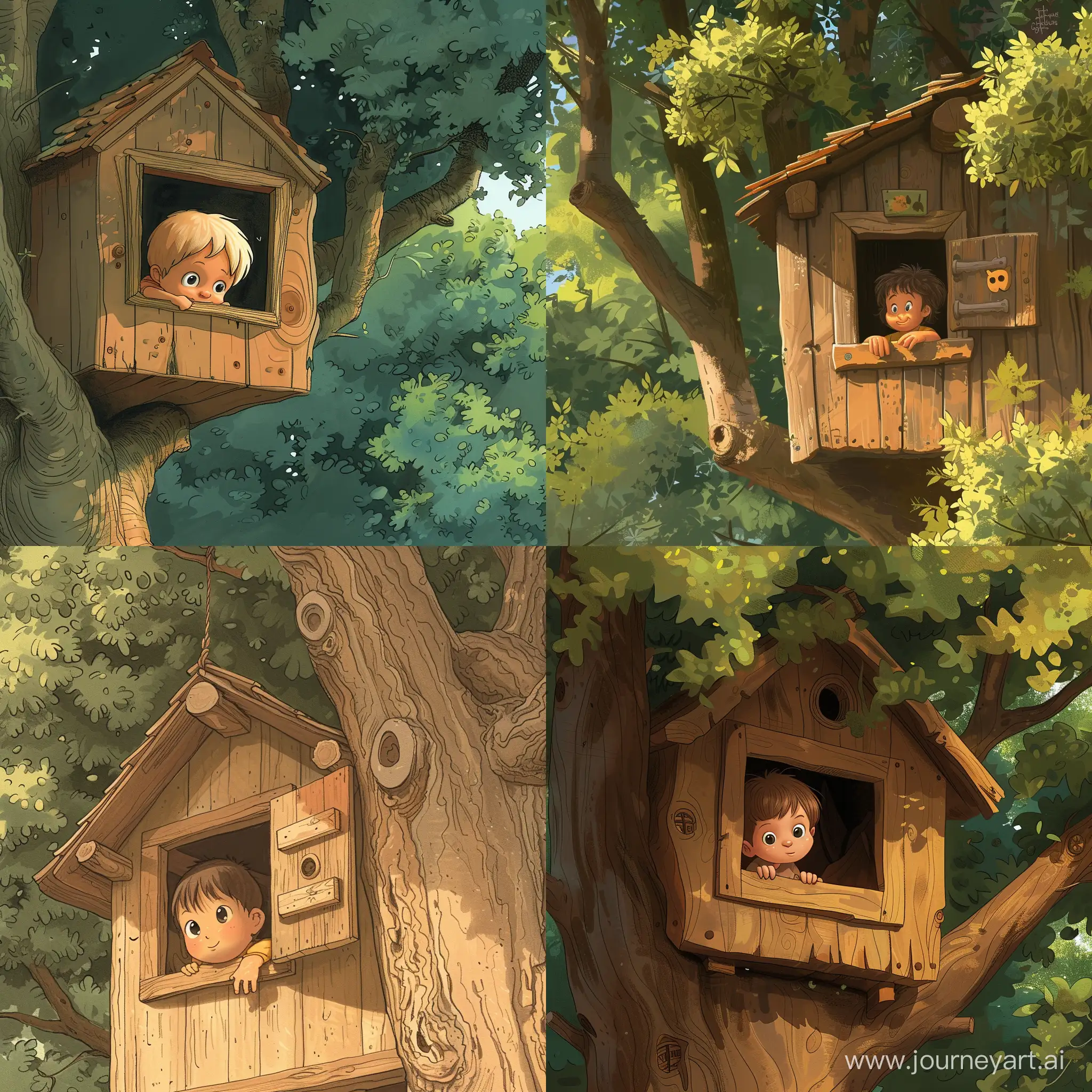 Shot of child in a treehouse looking out of a small wooden window, in cartoon style