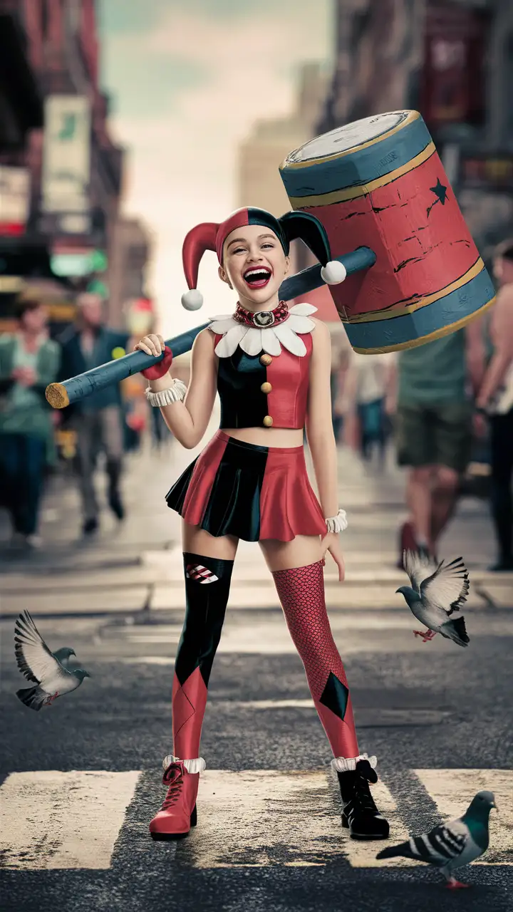 Cheerful 6YearOld Harley Quinn Laughing on Urban Streets During Daytime