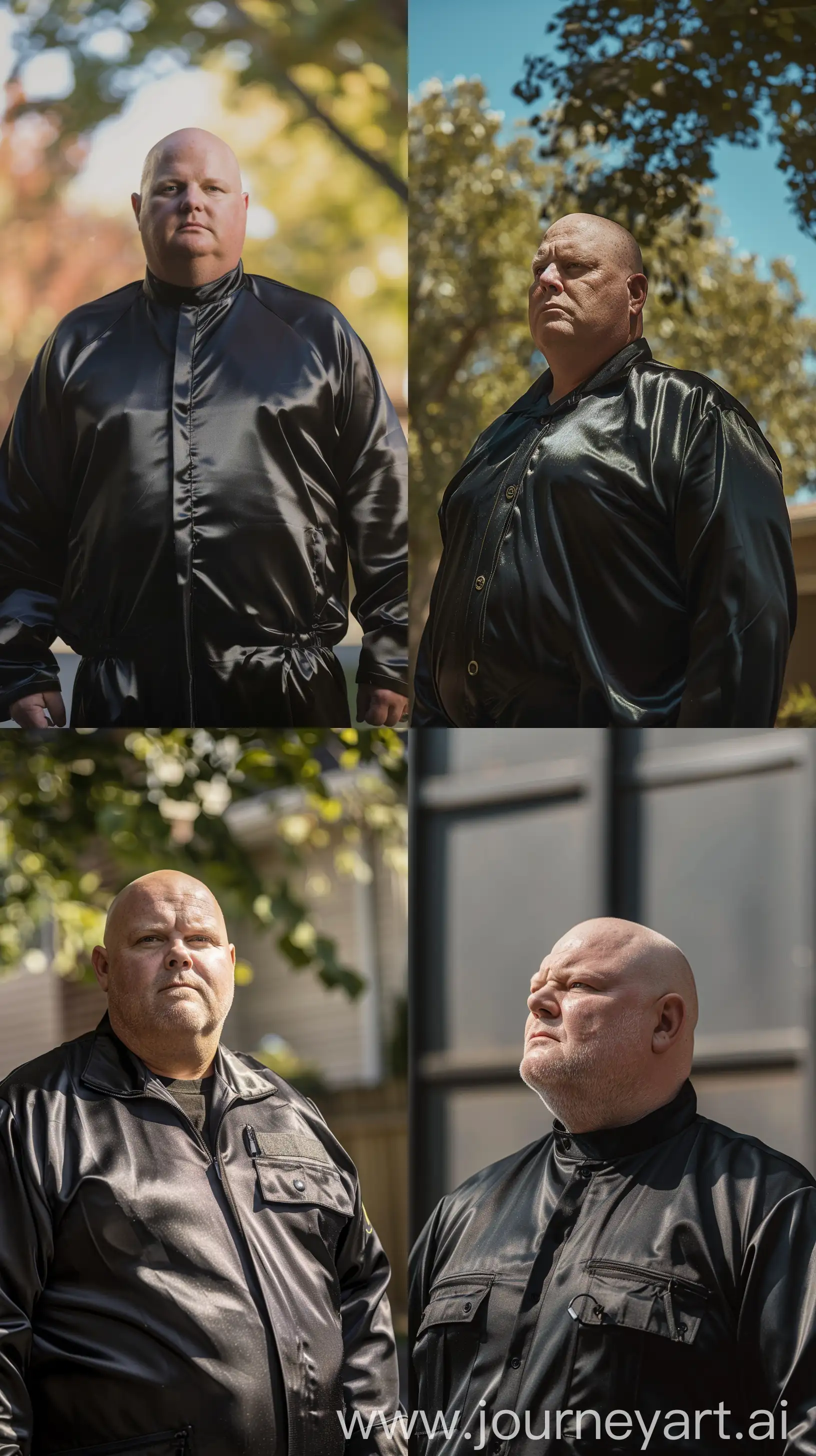 Photo centered on the head of a fat man aged 60 wearing a silk black security guard skinny-fitted full coverall. Outside. Bald. Clean Shaven. Natural light. --ar 9:16