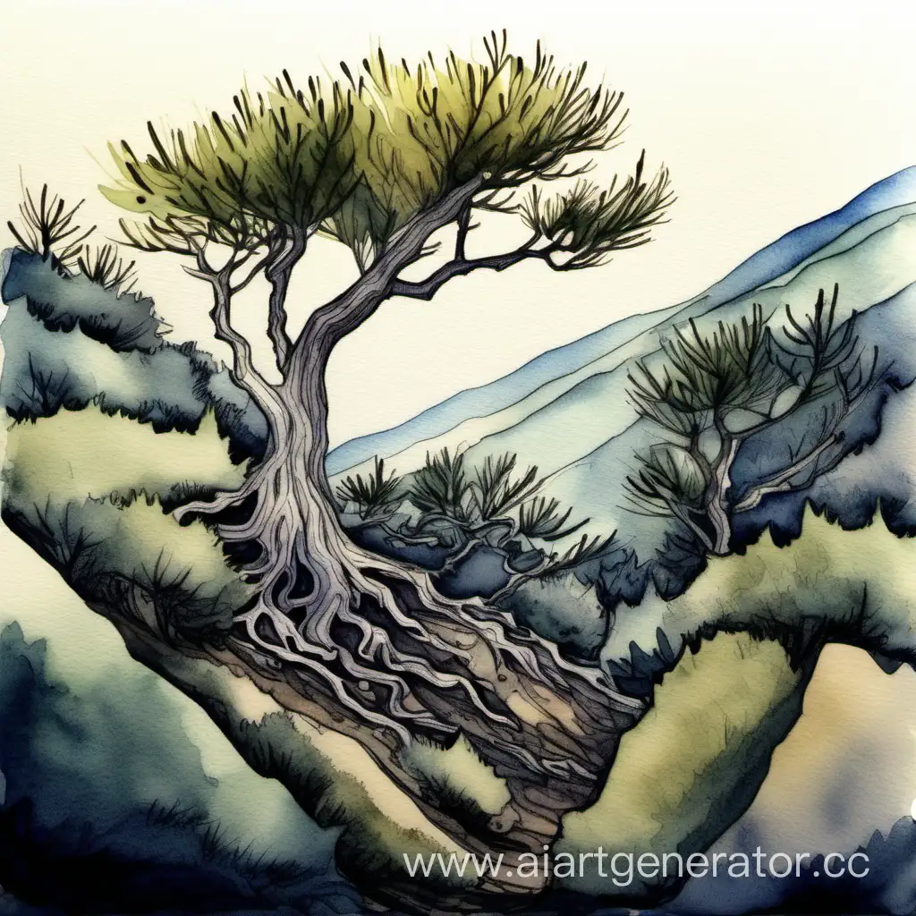 Dark-Juniper-Bush-in-Ink-and-Watercolor-Technique