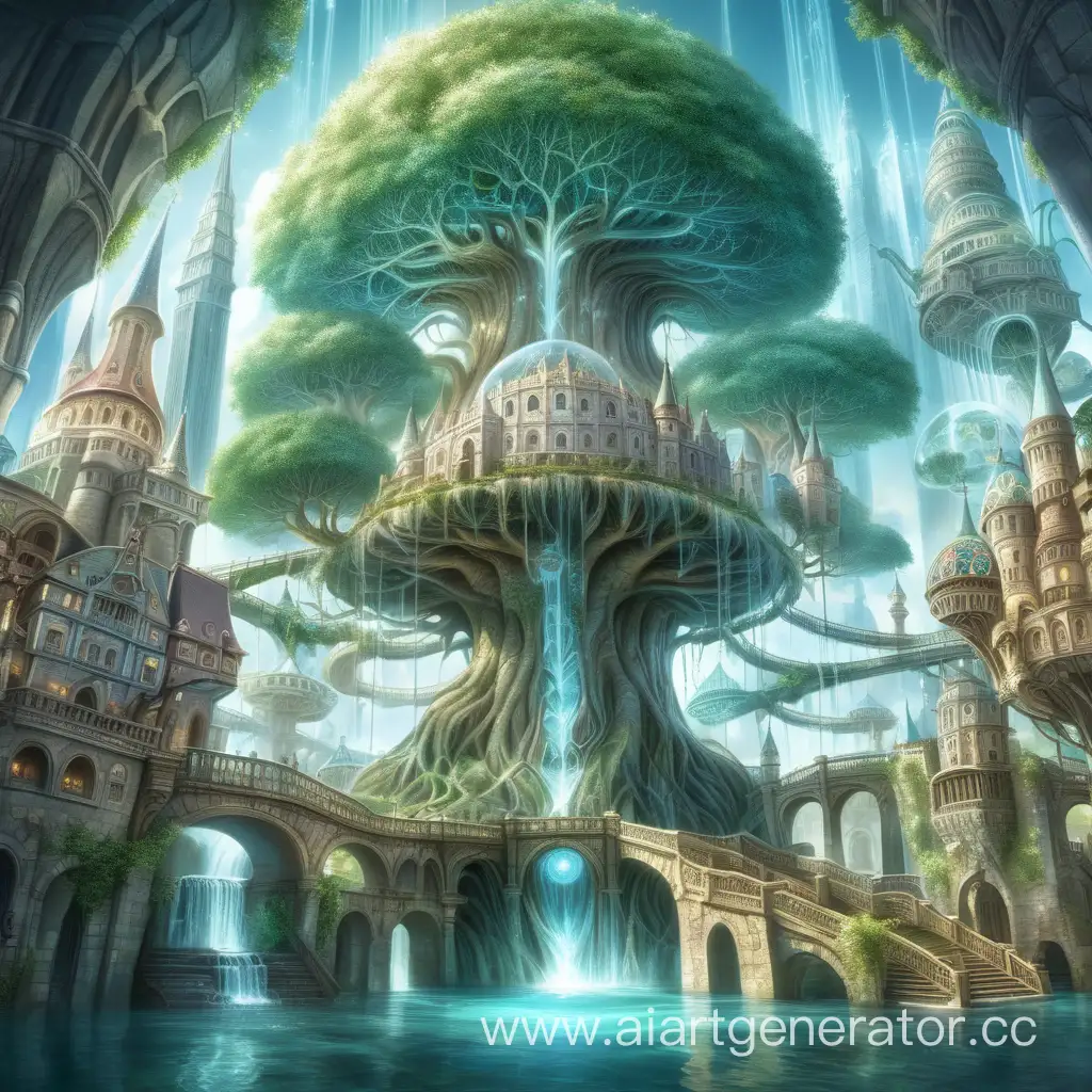 Огромный фентезийный город из четырех уровней вокруг огромного магического мирового древа, каждый из уровней связан с частью дерева: первый с корнями, второй со стволом, третий с кроной, четвертый с листвой. Все они пронизаны магией которая поднимается из под земли в виде мелких сияющих полупрозрачных сфер, между уровнями есть водяные лифты, отдалённо напоминающие водопады