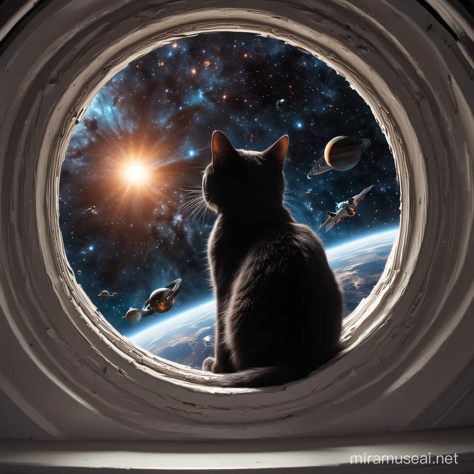 black cat, in space ship, looking out the window, black hole, planets, stars