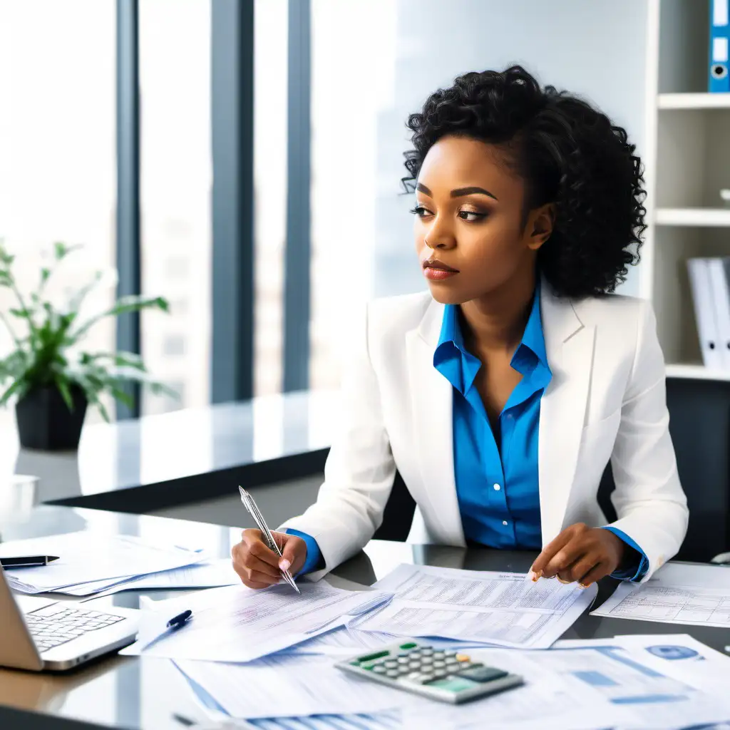 jeune femme noire, costume blanc, chemise bleue, assise, calcul paie salariés, avec argent et papiers, bureau lumineux.