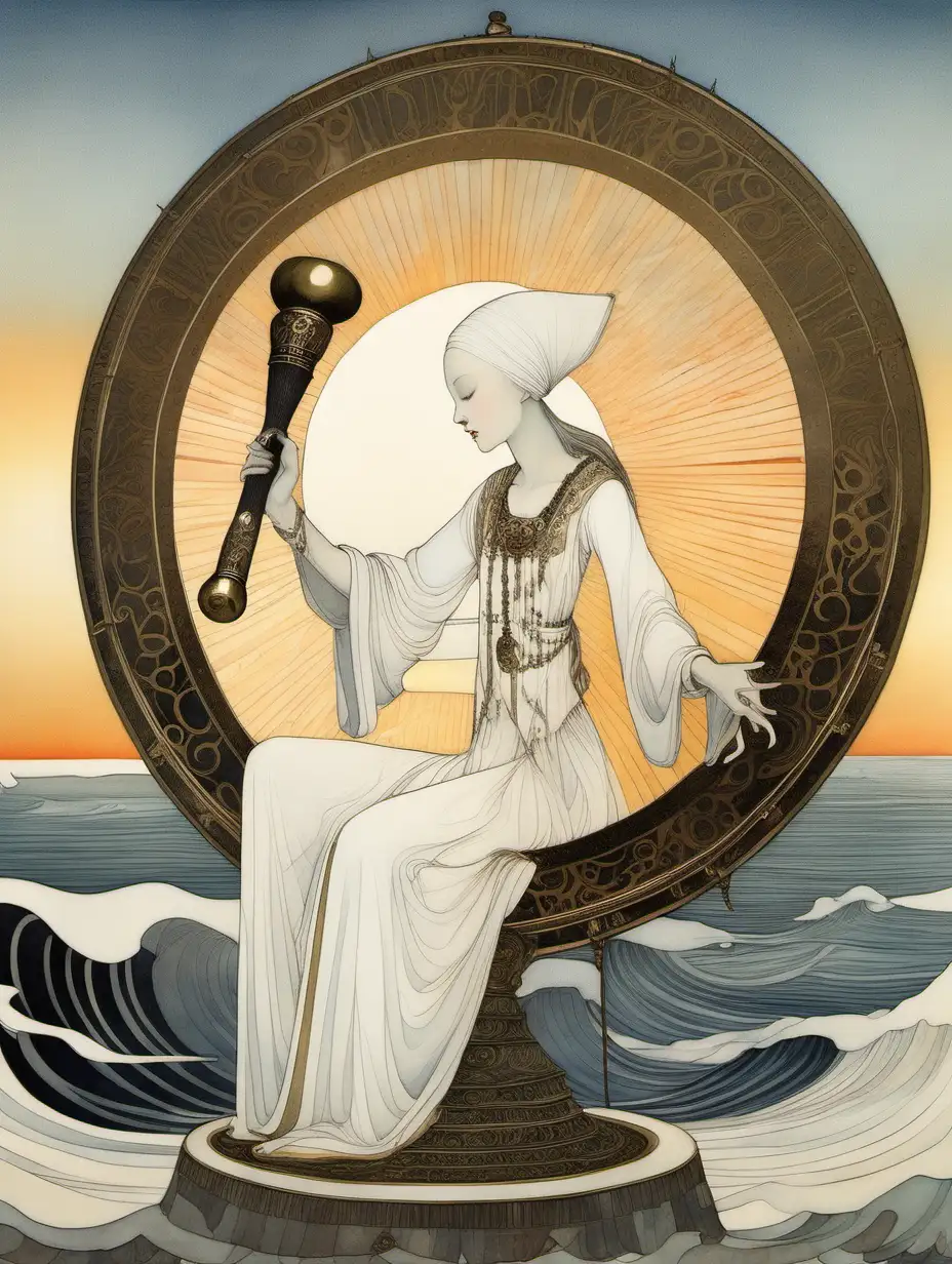 painting in kay nielsen style of a radiant woman dressed in white clothing playing a huge gong with a mallet, while sitting by ocean, sunset