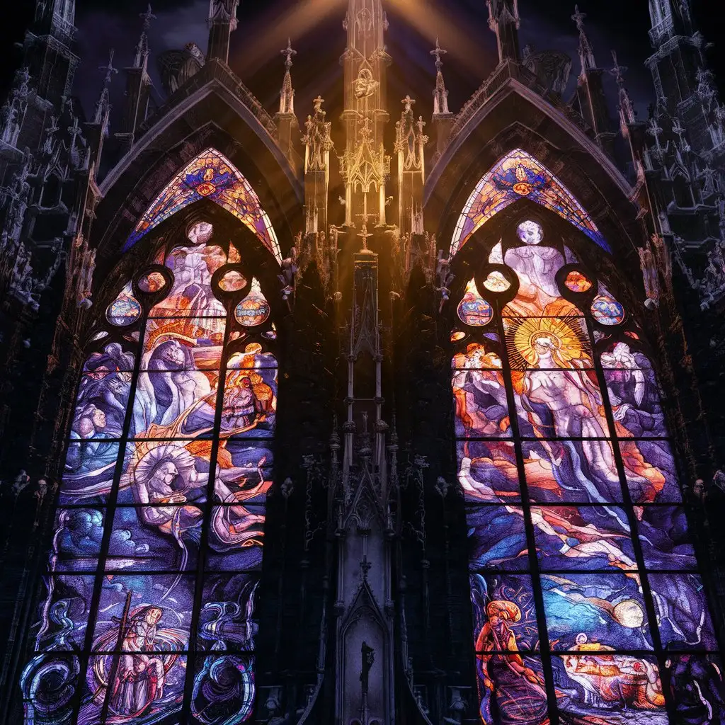 A gothic cathedral with stained glass windows that reflect otherworldly scenes.