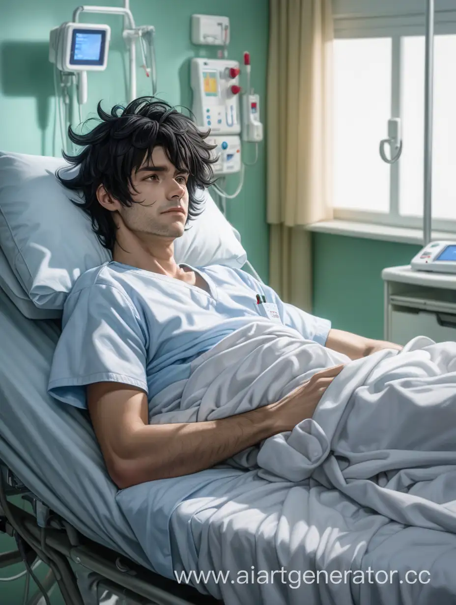 Парень в больничной одежде с черными растрепанными волосами лежит на кровати в больнице 