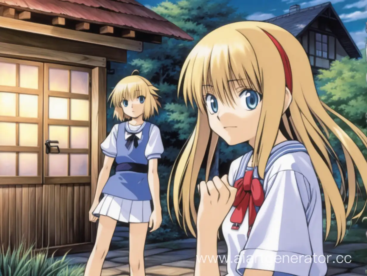 Alice from Everlasting Summer in higurashi 2006 art style village visual novel 