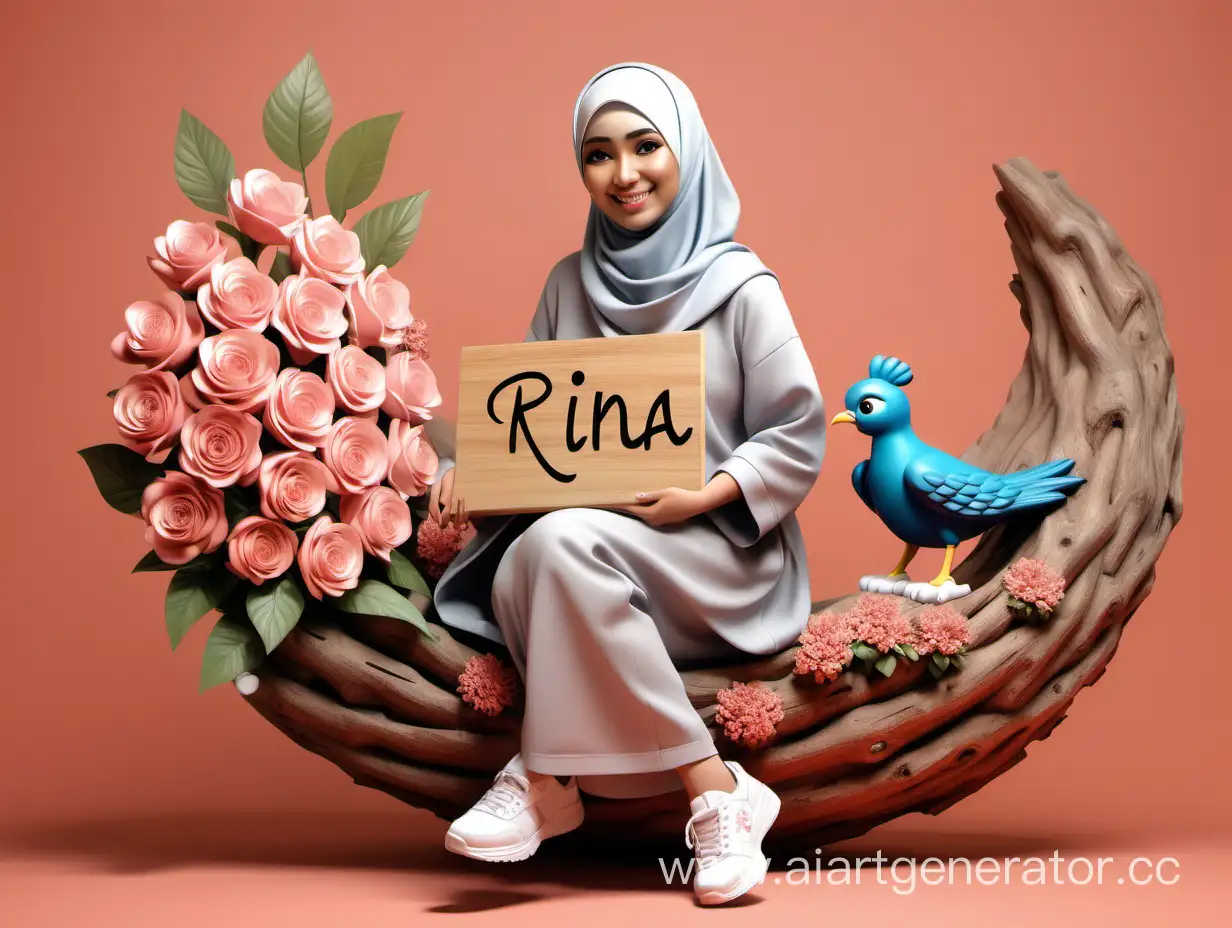 3D3D Realistic full body image of an malaysian smile women wears hijab and sneakers, she is sitting on big nest and flowers. mother bird carrying board of profile name and facebook logo, made from wood, on soft tone nuance. her name is Rina. 