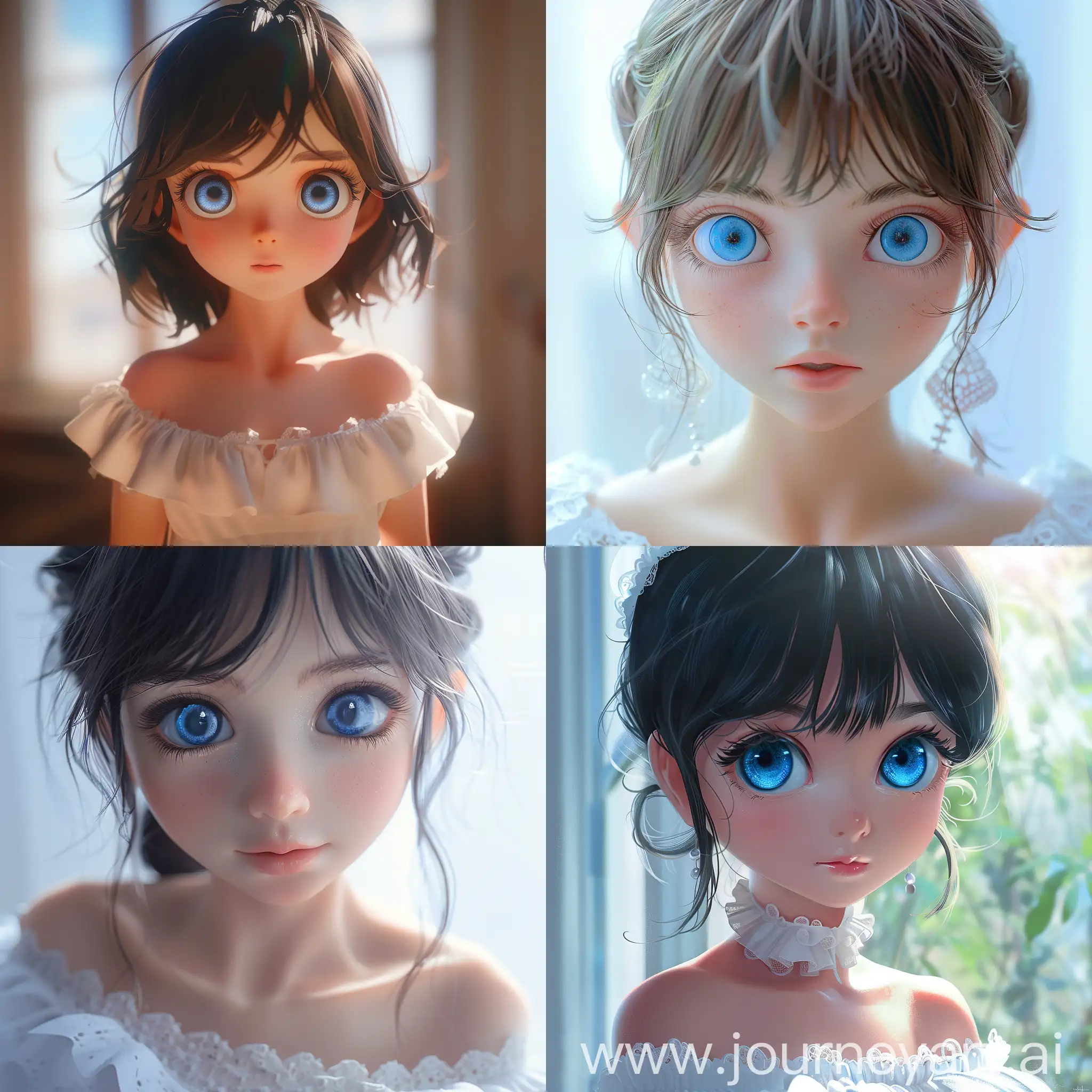 beautiful girl with expressive big blue eyes in a half-lowered white dress and a cute face, anime style, close-up, realistic, three-dimensional, 3D, 4k, ultra hd