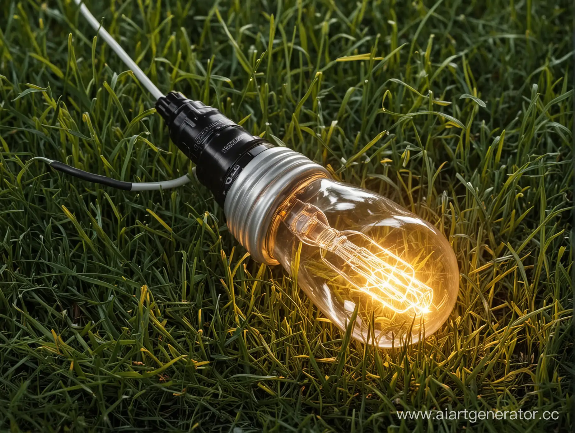 A glowing light bulb lies in the grass screwed into a socket from which an electric wire extends.