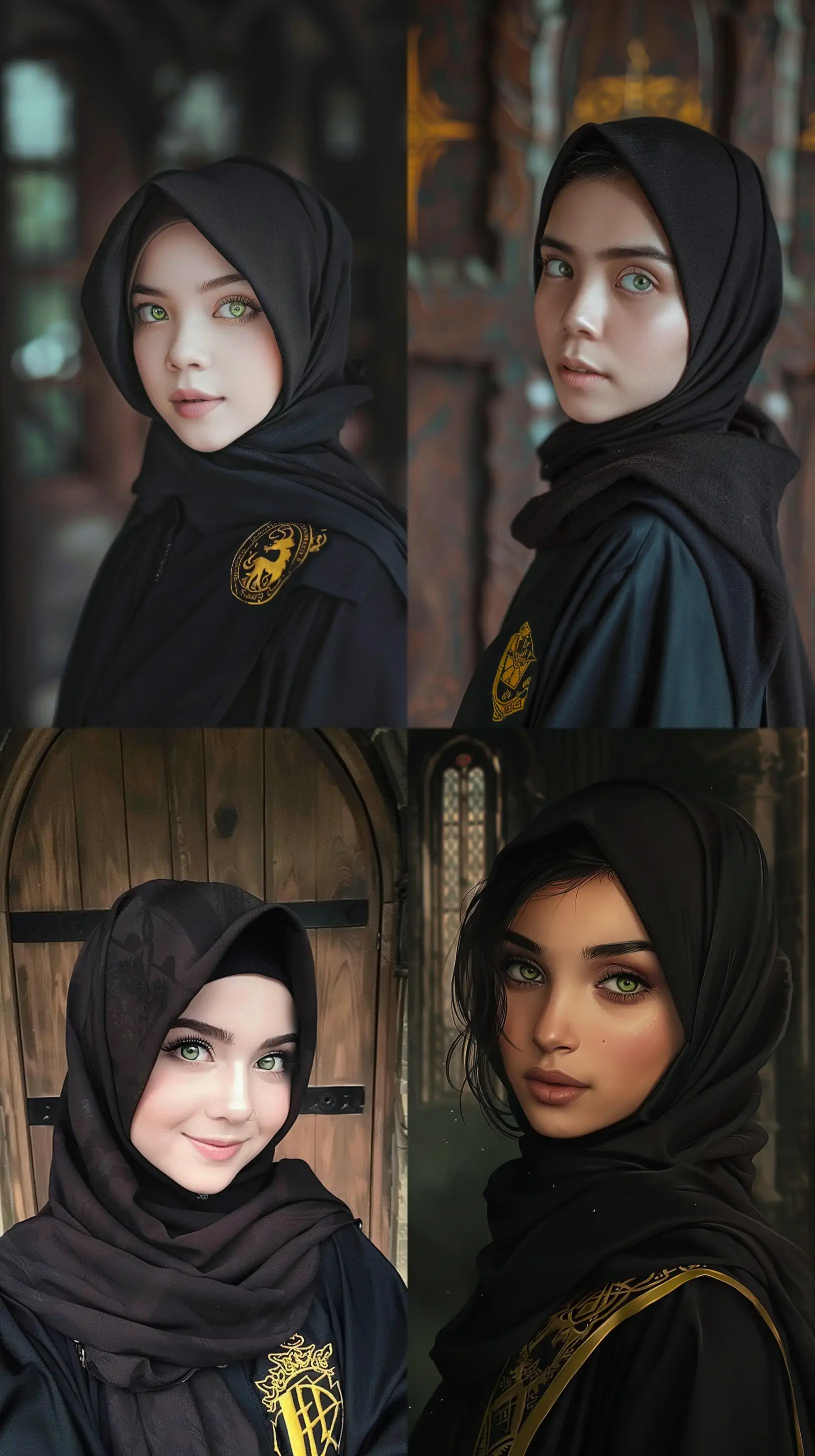 Hufflepuff javanese girl in hijab, 17 years old, she has dark hair and green eyes, at Hogwarts --ar 9:16