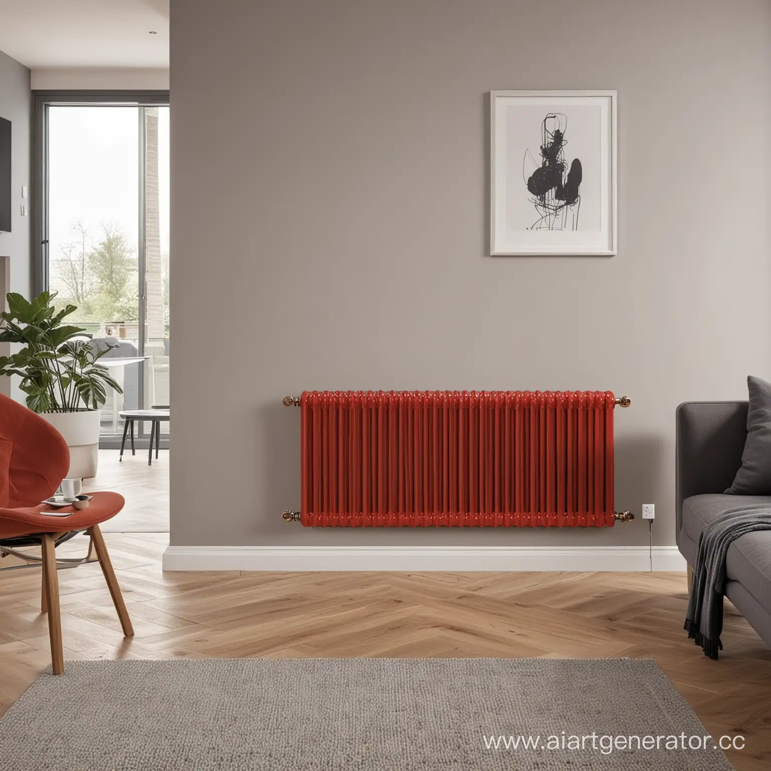 modern living room with Velar P60 V red radiator