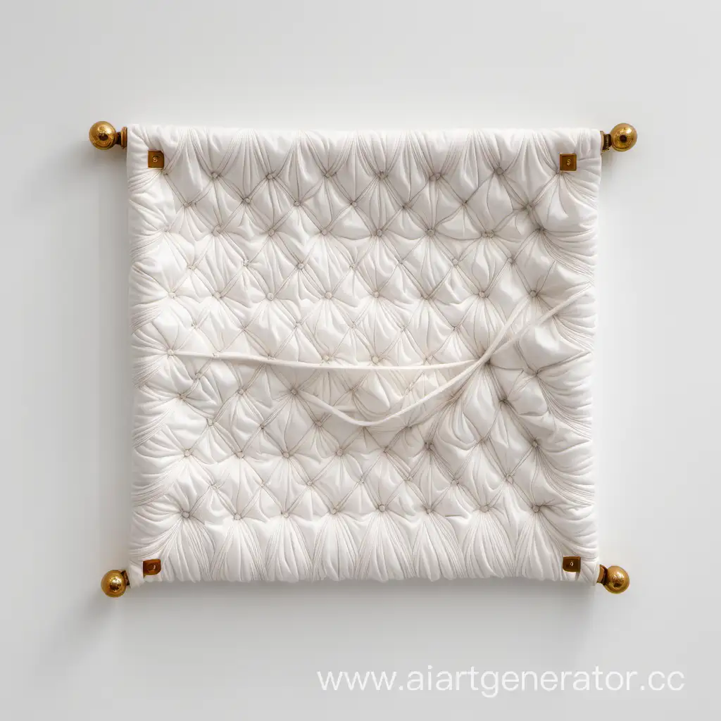 a square-shaped piece of fabric with bulging threads and Louis Vuitton texture on the background of a white room with white walls and white ceilings