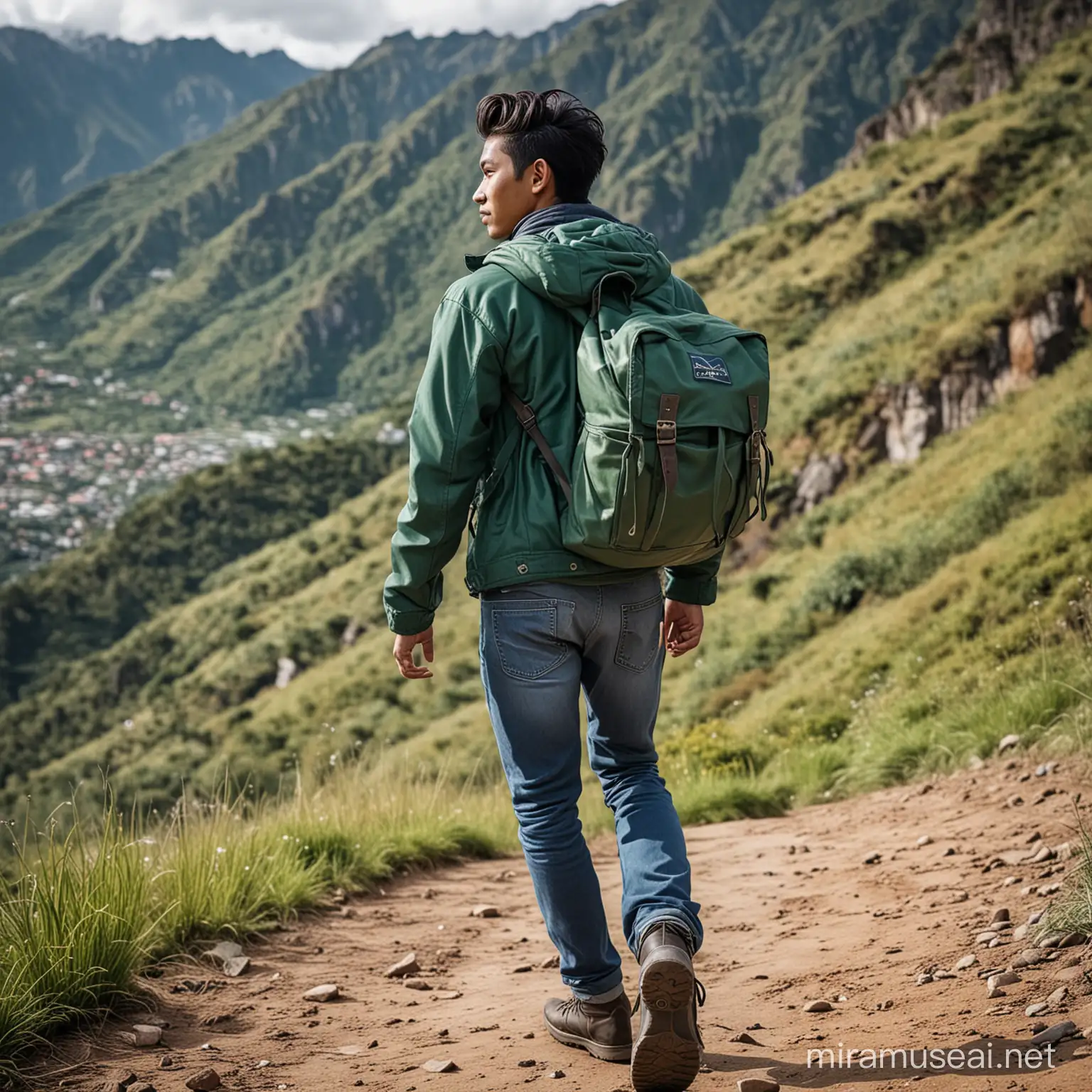 Foto pria indonesia umur 25 tahun,rambut medium,baju kaos dan jaket dingin hijau,celana hean biru,sepatu kulit,membawa wa tas ransel yang besar,lokasi sebuah gunung yang indah 