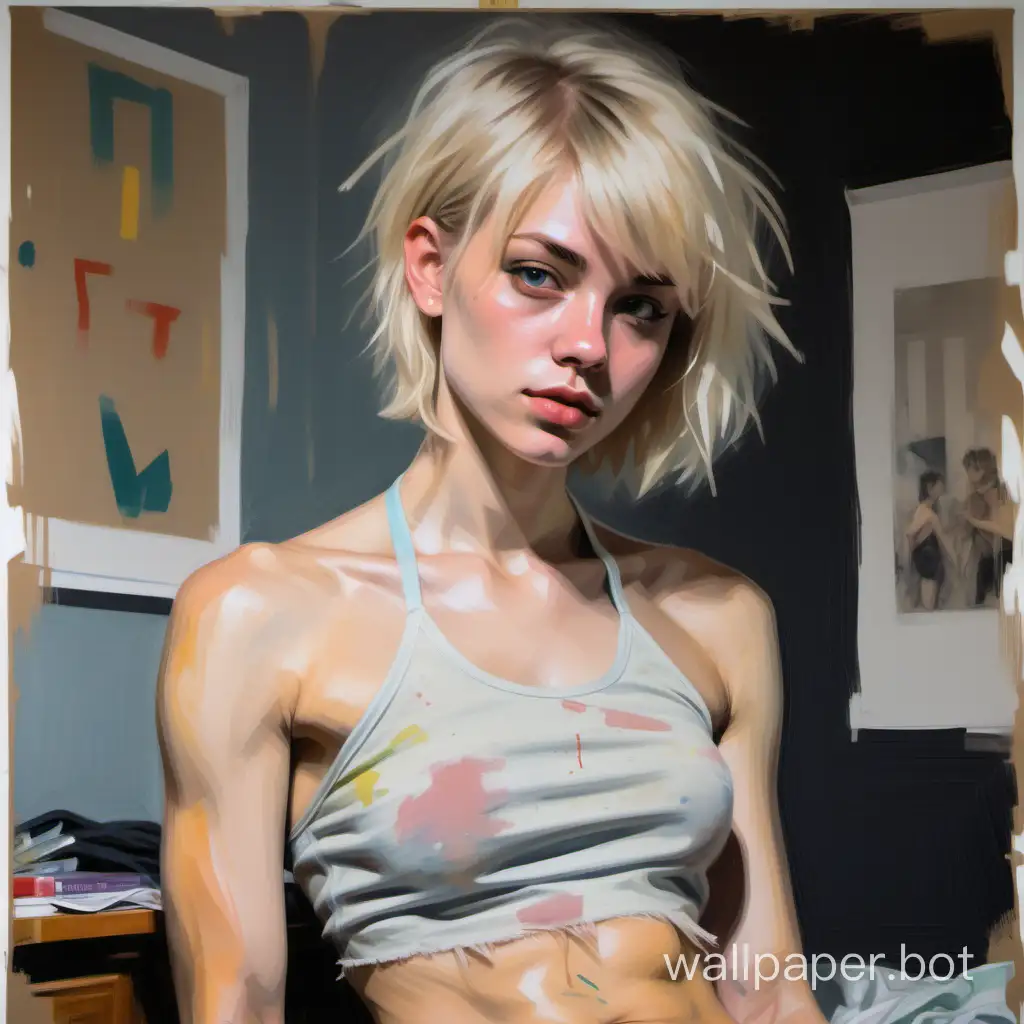 A painting of a pretty, slim, petite, young blonde lesbian with her hair cut very short, in a messy, boyish style with a fringe. The aesthetic of a fine art painting, with visible brush strokes. She is flat-chested. She wears a cutoff, High-necked halter top and little panties in an untidy girl's college dorm at night. She has a toned, muscular physique. Soft lighting. The colour palette is subdued and subtle, pale pastel shades.