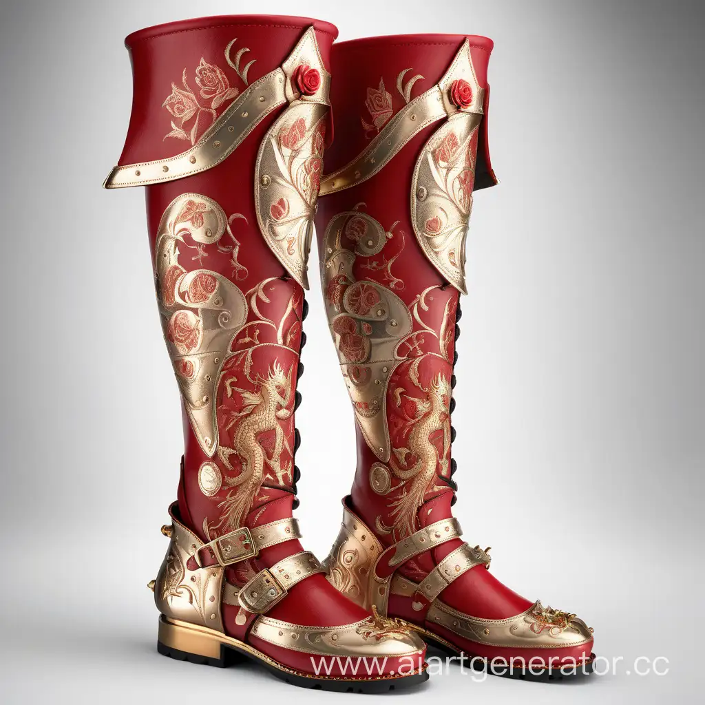 Высокие средневековые ботинки красного цвета с золотыми узорами, отсылающие на европейских драконов, так же присутствуют розы. Высокая подошва. 