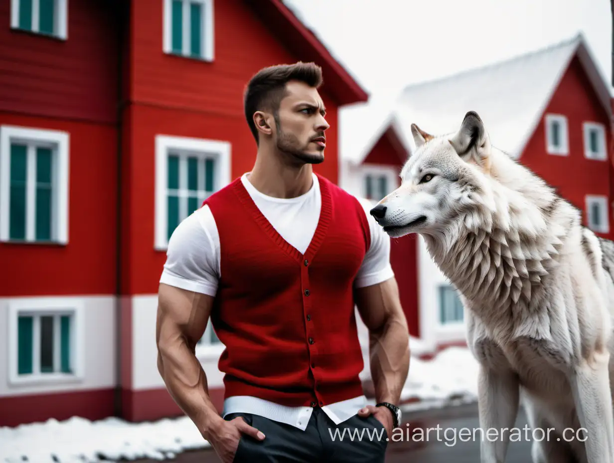 Muscular-Man-in-Red-Knitted-Sweater-Observing-White-Wolf-against-Red-House-Background