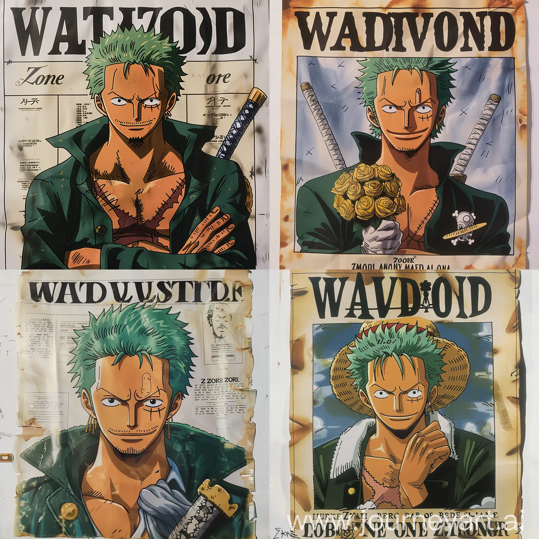 Zoro from One Piece in a wanted poster. Zoro is wearing a groom's outfit because he is getting married