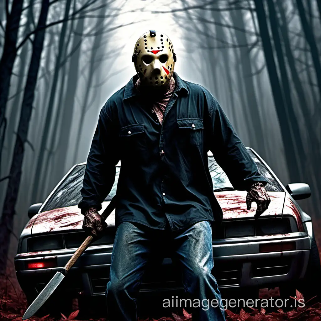 scary Jason voorhees is finding a man in spooky forest and that man is hiding himself behind his car
