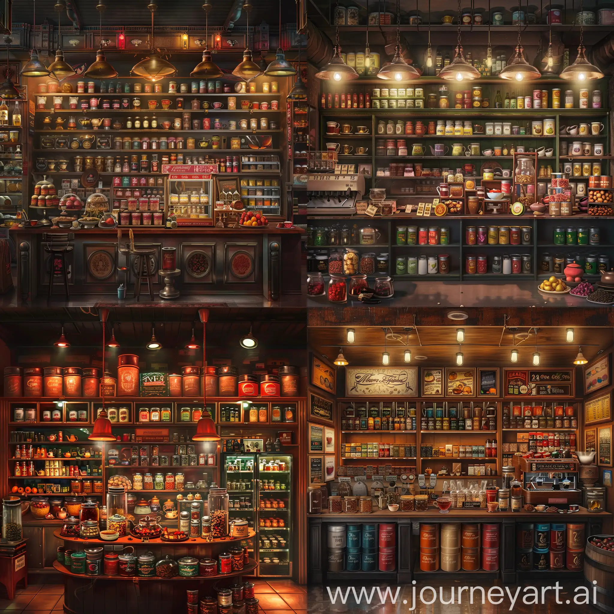 A realistic depiction of a tea shop with a magical atmosphere traveling through time, depicting teas in vast quantities, flavors and scents, (medium: photorealistic digital painting) (style: inspired by album cover art and concert posters from different eras)(lighting: stage lighting creating a warm , intimate, discreet atmosphere)(colors: rich and vivid, reflecting a magical mood)(composition: photos taken with a 24 mm wide-angle lens, capturing shelves, counters, tea cans and numerous accessories, coffees, chocolates, jars of juices, candied fruits) ar-- 20:9