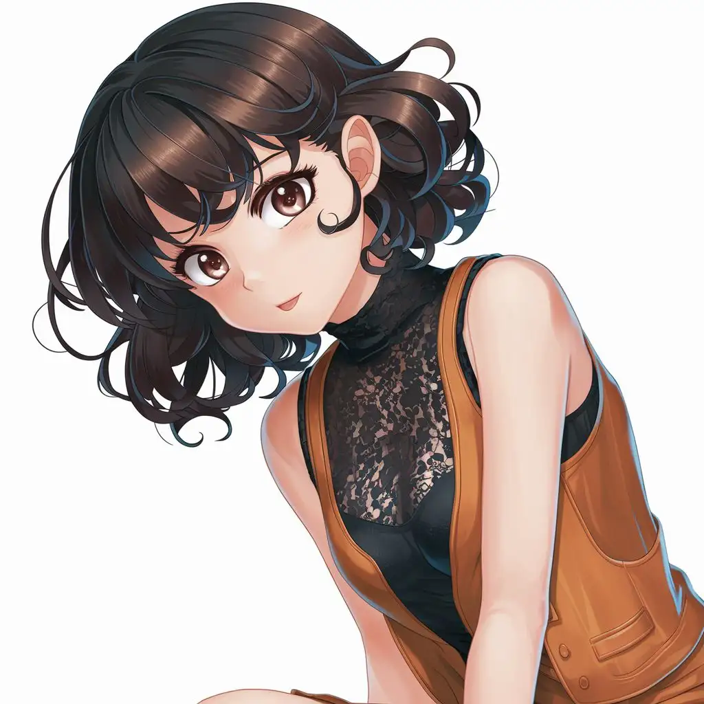Character - Mulatto anime girl with light brown eyes. Front view from head to waist. The head is slightly tilted down. The gaze from below is sharp on me. Dark curly brunette. Thin, slender. She is wearing a black lace turtleneck. He wears an orange sleeveless vest over his turtleneck. High quality and high detail. Clarity, 4K