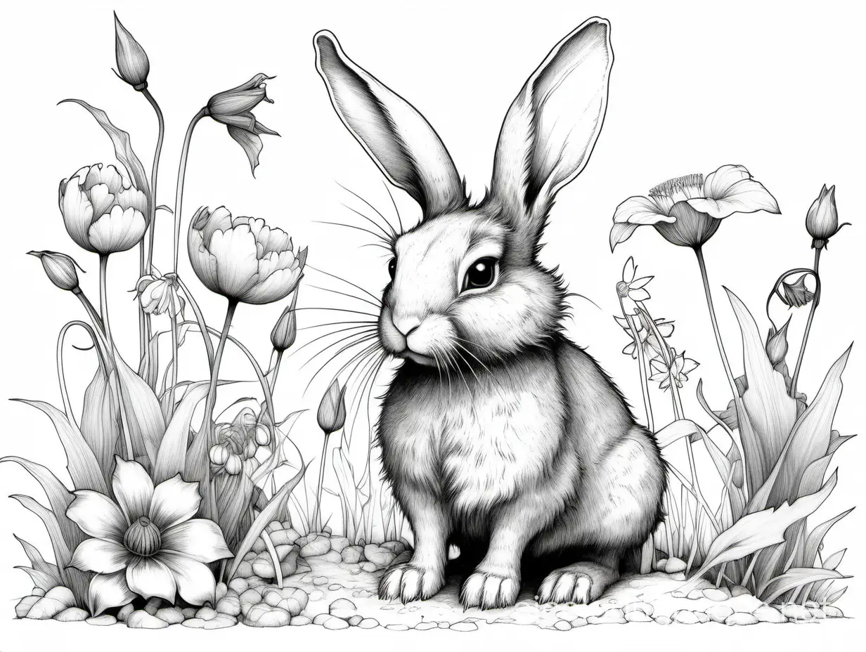 Jean-Baptiste Monge,  spring flowers, rabbit, high detail, Coloring Page, black and white, line art, white background, Simplicity, Ample White Space. The background of the coloring page is plain white to make it easy for young children to color within the lines. The outlines of all the subjects are easy to distinguish, making it simple for kids to color without too much difficulty