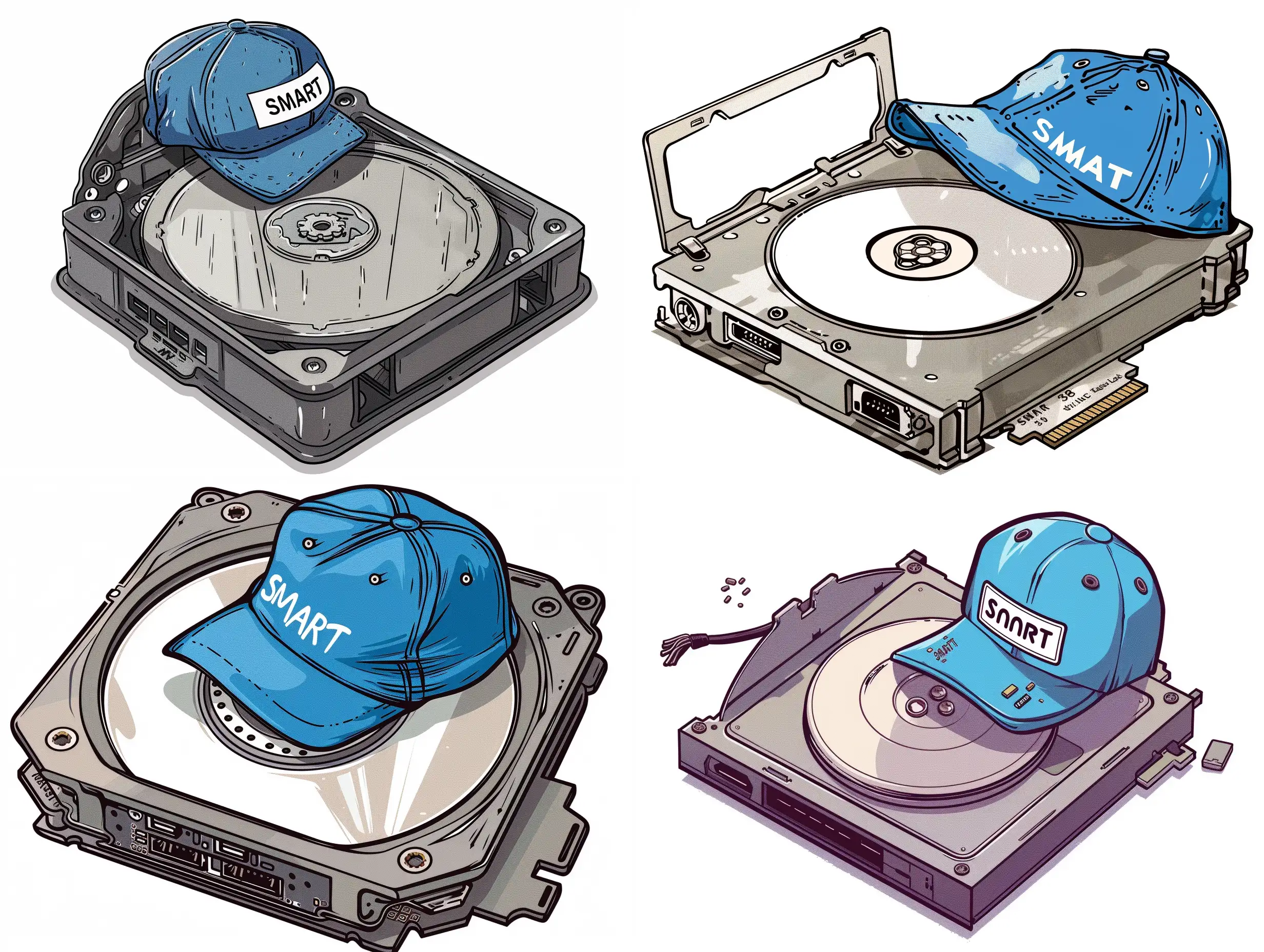 SMART. a 3.5" desktop computer hard drive with the cover removed, wearing a blue cap in pantone 288c, write "SMART" on the cap. Cartoon on a white background
