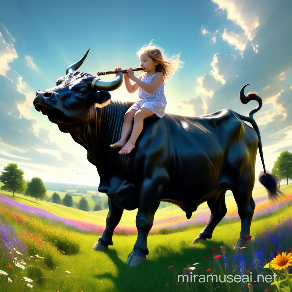 在辽阔的乡村田野上，一个活泼可爱的小女孩正坐在庞大的黑牛背上，吹奏着横笛。巨大的黑牛缓步前行，周围是翠绿的草地，太阳挂在空中，阳光撒下，草丛中开满了五彩斑斓的野花，微风吹过，草地轻轻摇曳。

