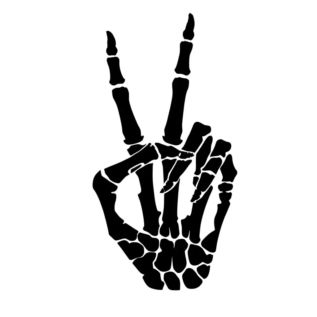 black silhouette of skeleton hand give the peace sign, white background