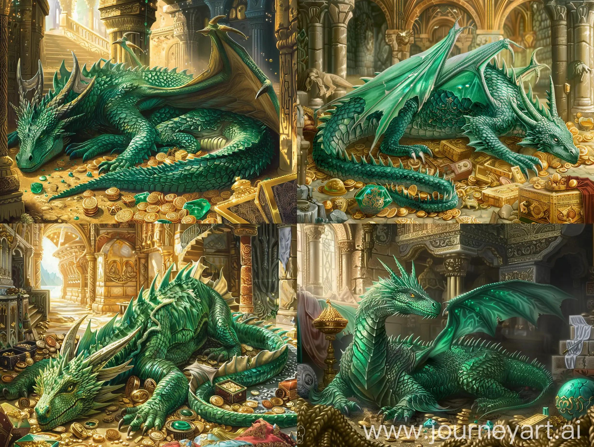 Majestic-Emerald-Dragon-Resting-in-TreasureFilled-Palace