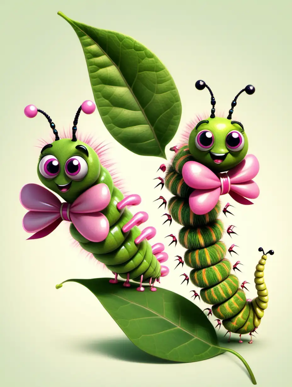 Cute Cartoon Caterpillar Couple Dining on a Leaf