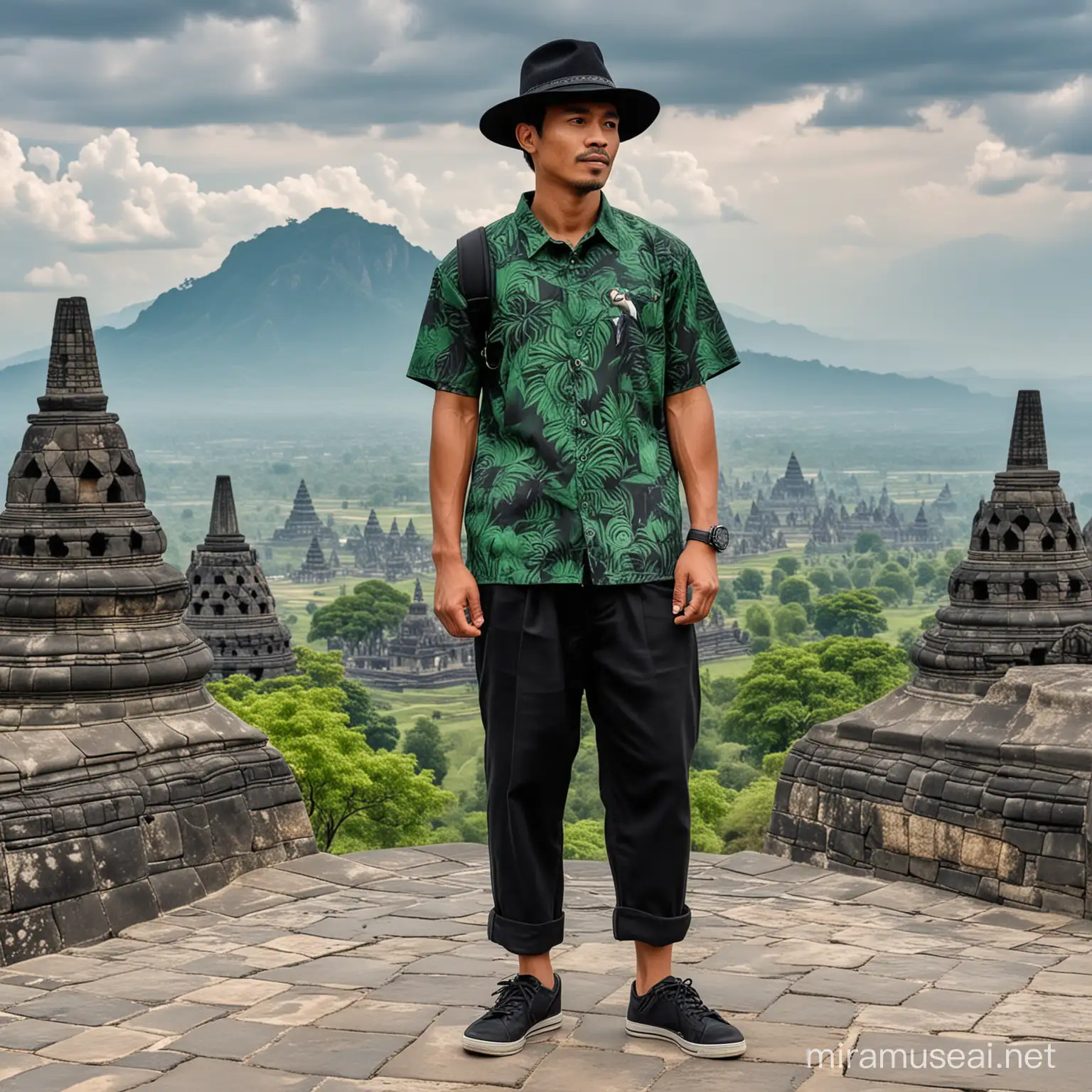 A handsome Indonesian man use hat wearing modern dark green batik IANTONO and black trousers, wearing sneakers, a macaw on his shoulder, standing facing the camera under the Borobudur temple Indonesia ultraHD 32K resolution, HDR, 800mm lens, realistic, hyper-realistic, photography, professional photography,