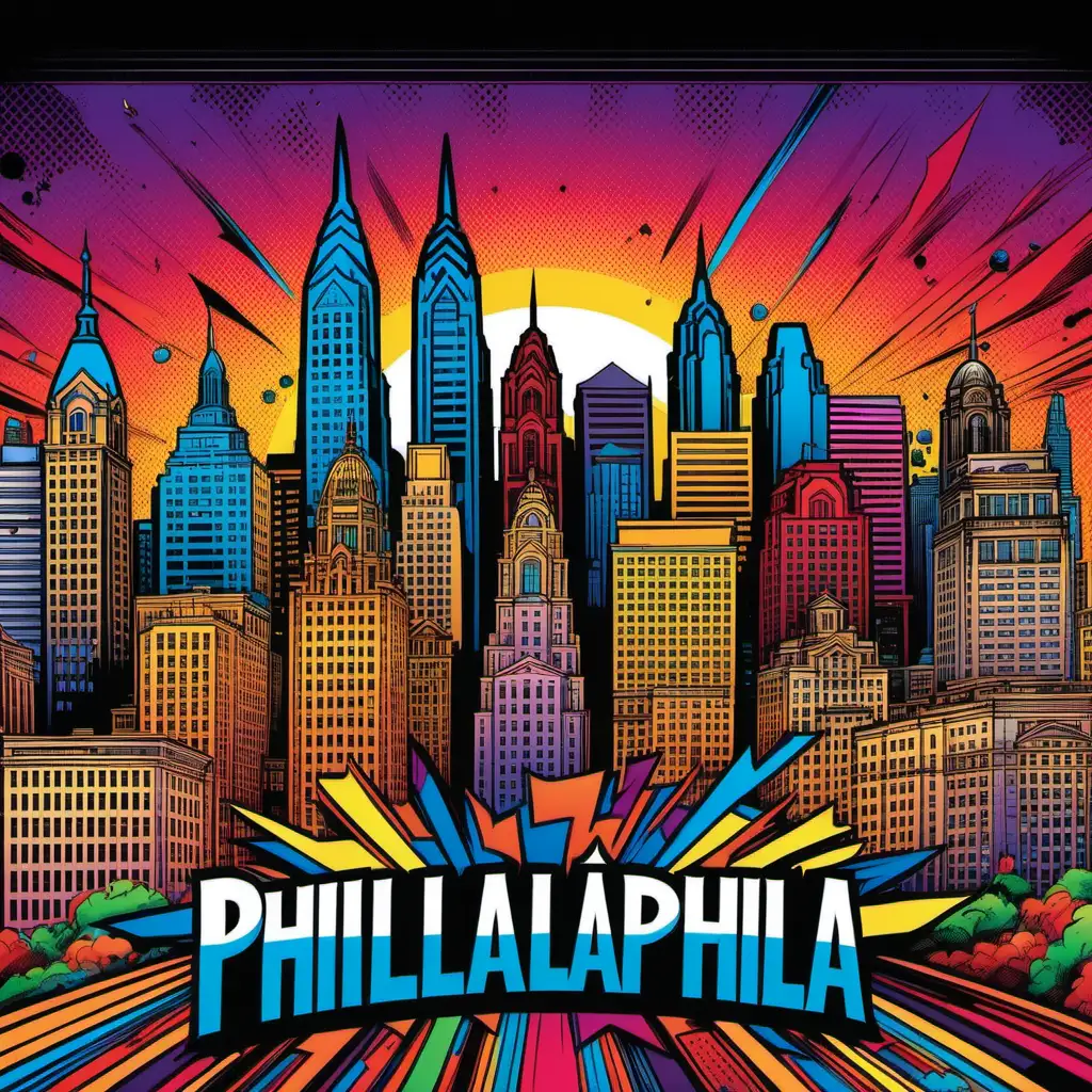colorful, superhero, comic-book style, skyline of Philadelphia, vibrant colors