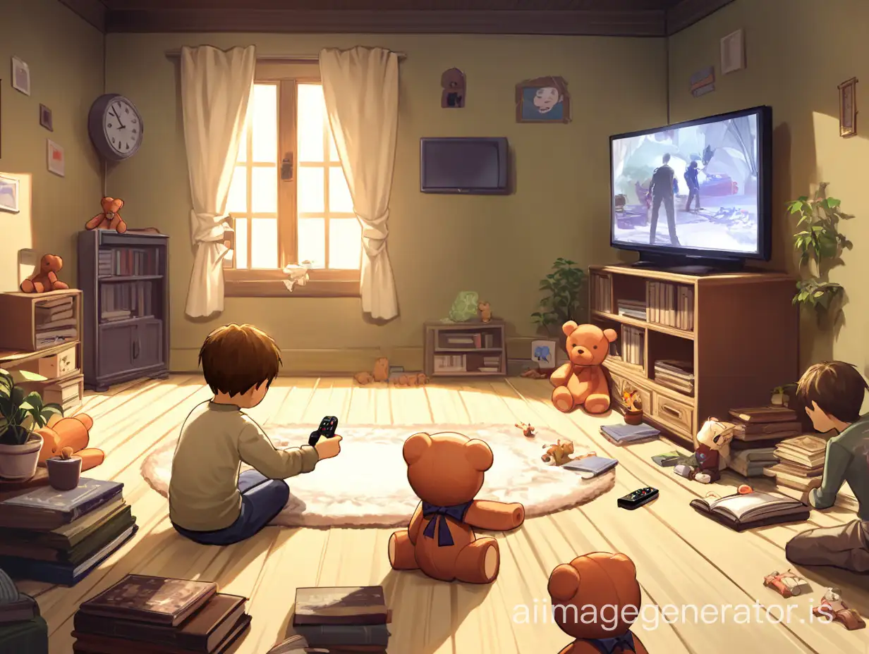 The image features a young boy sitting on the floor in front of a television, playing a video game. He is holding a remote control in his hand, fully engaged in the game. The television is placed on a wooden stand, and there is a clock hanging on the wall above the TV.  In the room, there are several books scattered around, with some placed near the boy and others on the floor. A potted plant is situated near the television, adding a touch of greenery to the space. Additionally, there is a teddy bear sitting on the floor, possibly belonging to the boy or serving as a comforting presence while he plays the game.