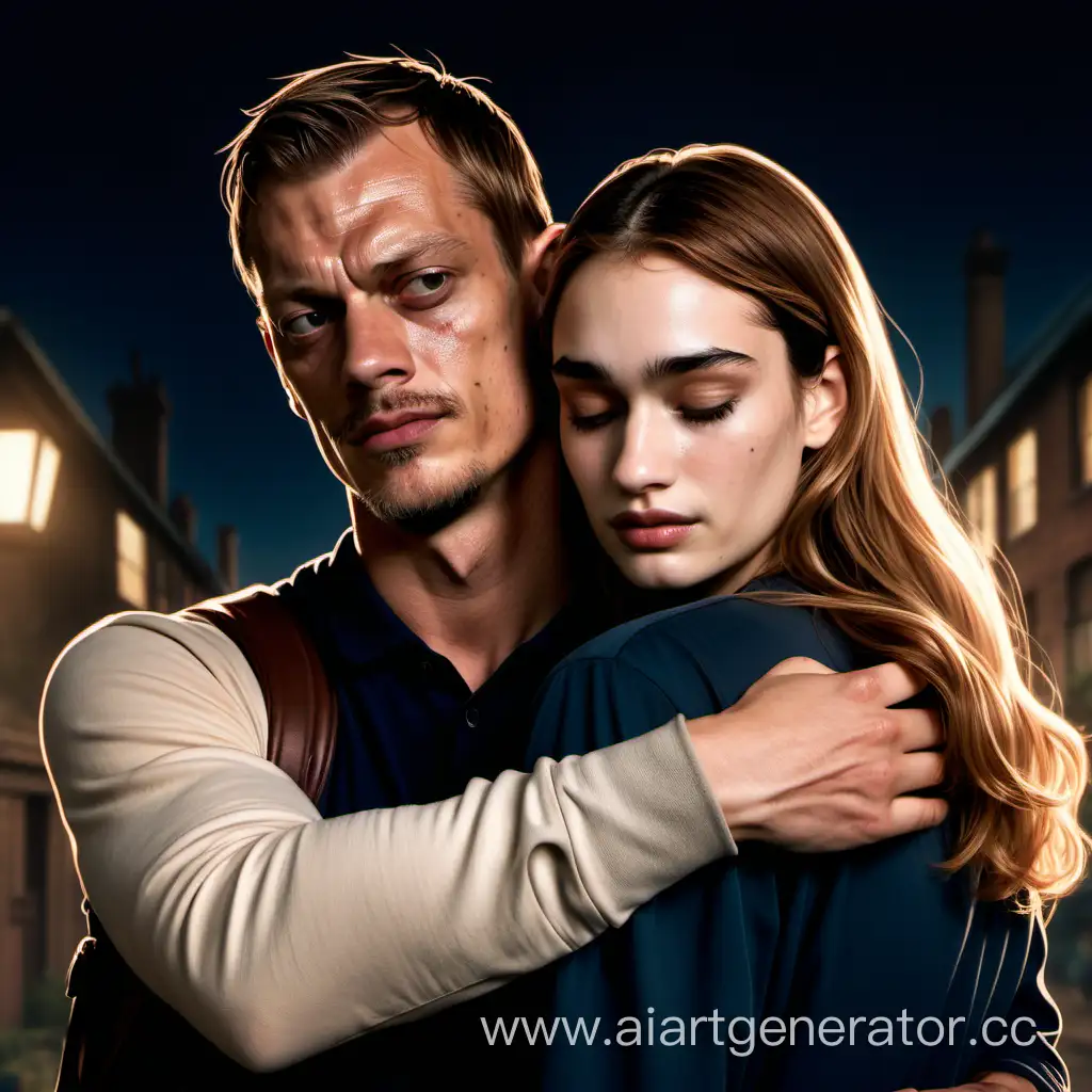 a sad man looking like joel kinnaman is hugged from behind by a girl with brown hair looking like lily  james cartoon style