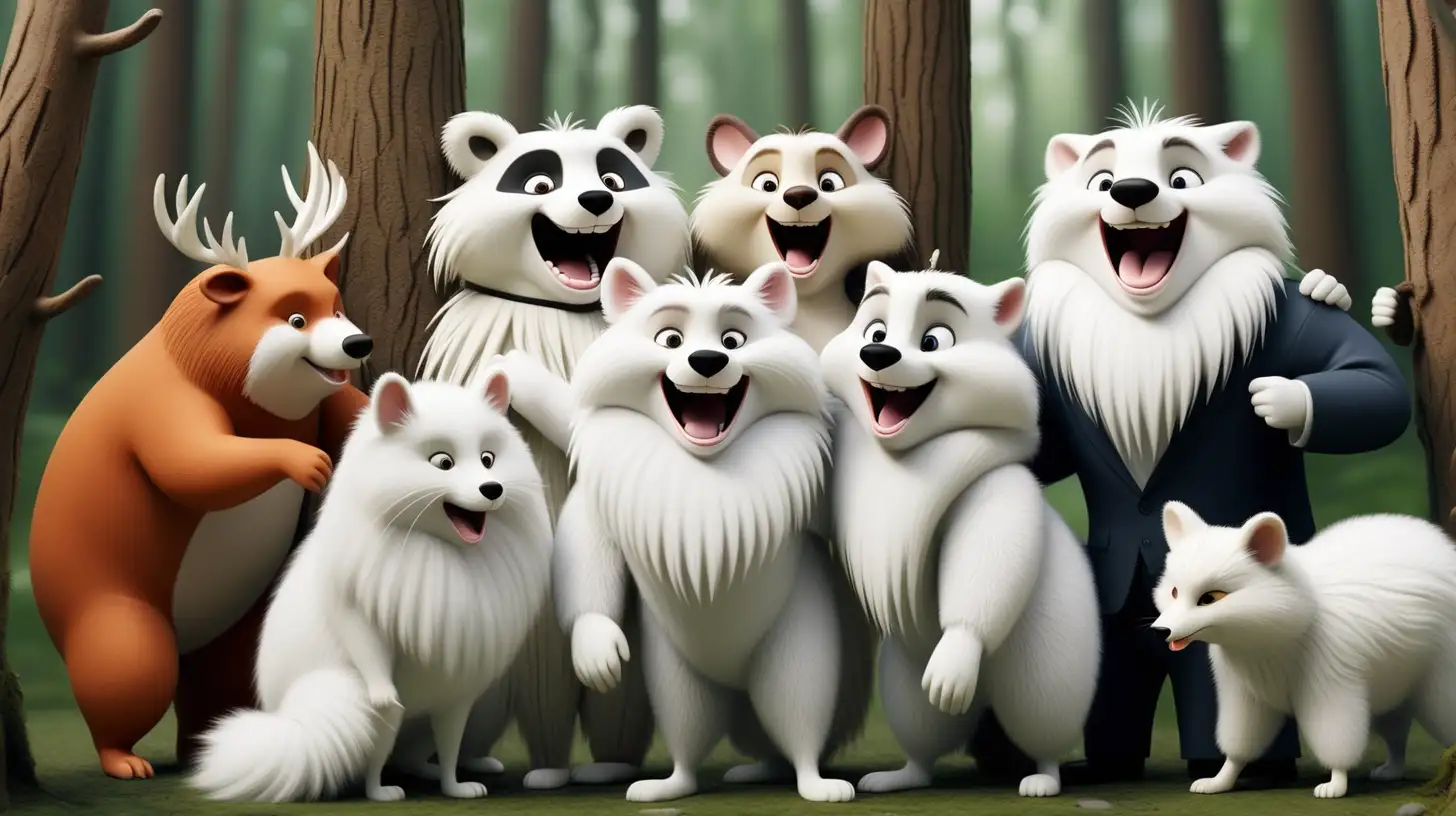A group scene demonstrating animals with different talents supporting and celebrating each other one of them is A group scene demonstrating animals with different talents supporting and celebrating each other but one of them is with white fur on the forest