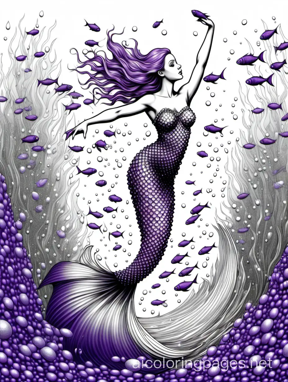 A mermaid swimming a ballet underwater with a dress entirely composed of tiny purple and emerald colored fish scales pearl colored fish that are an optical illusion, many fine, detailed luminous water drops, swimming around an elegant hyper-realism, HD, centered, perspective circular,, Coloring Page, black and white, line art, white background, Simplicity, Ample White Space. The background of the coloring page is plain white to make it easy for young children to color within the lines. The outlines of all the subjects are easy to distinguish, making it simple for kids to color without too much difficulty