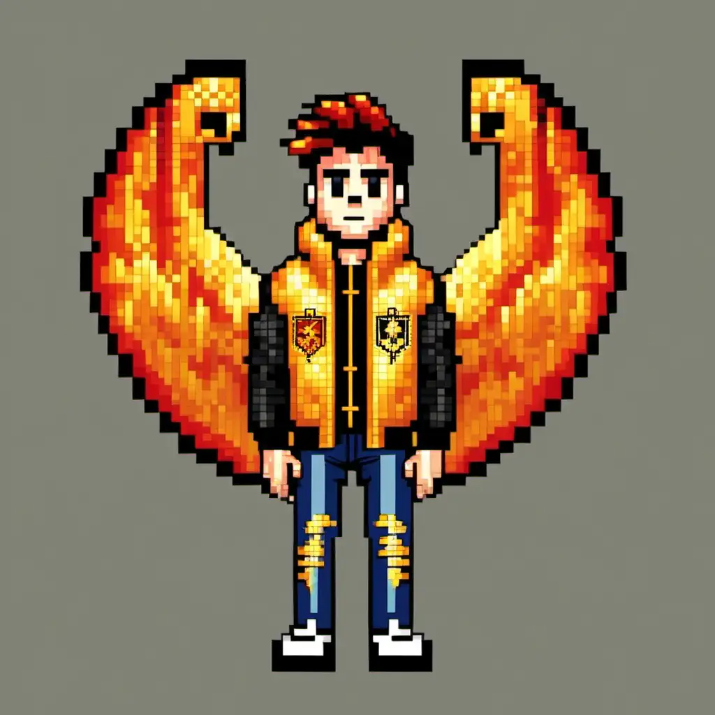 2d pixel art Male Phoenix gang member with a gold jacket with emblems 