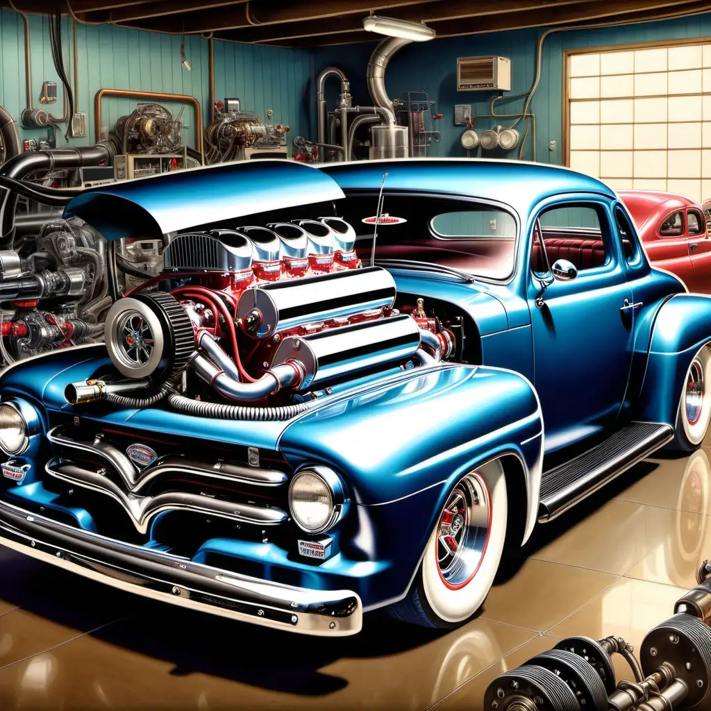 artwork by Big Dogg, 50s,60s rock and roll album cover, full hd color concept art drawing, (one long massive i934 ford 3 window coupe with big blower v8 engine:1), standing on floor, blower, supercharger, conveyor belts, nos, gauges, turbos, tubes, pipes, plumbing, cables, wires, air cleaner, oil cooler, intakes, kustom kulture, true light, hires, 16k, rich colors.