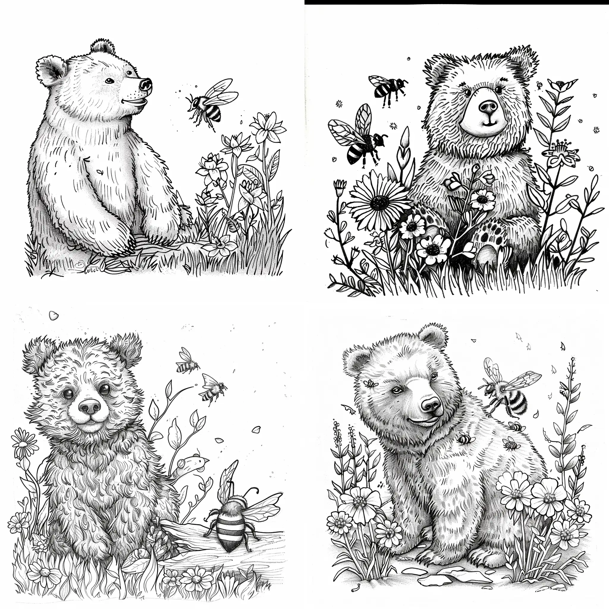 Bear and bird and bee coloring page