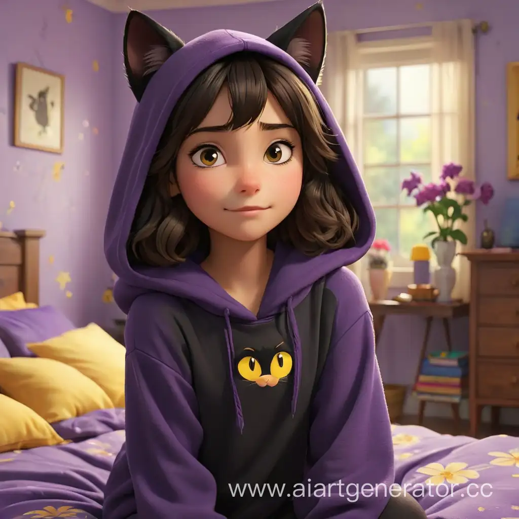a poster inspired by Disney Pixar. In the image, a 13-year-old European girl with black wavy hair just below her shoulders with brown eyes, depicted in full height, is dressed in a kigurumi in the form of a black cat with a purple belly and yellow eyes on a hood. in the background there is a girl's bedroom decorated in purple flowers with garlands