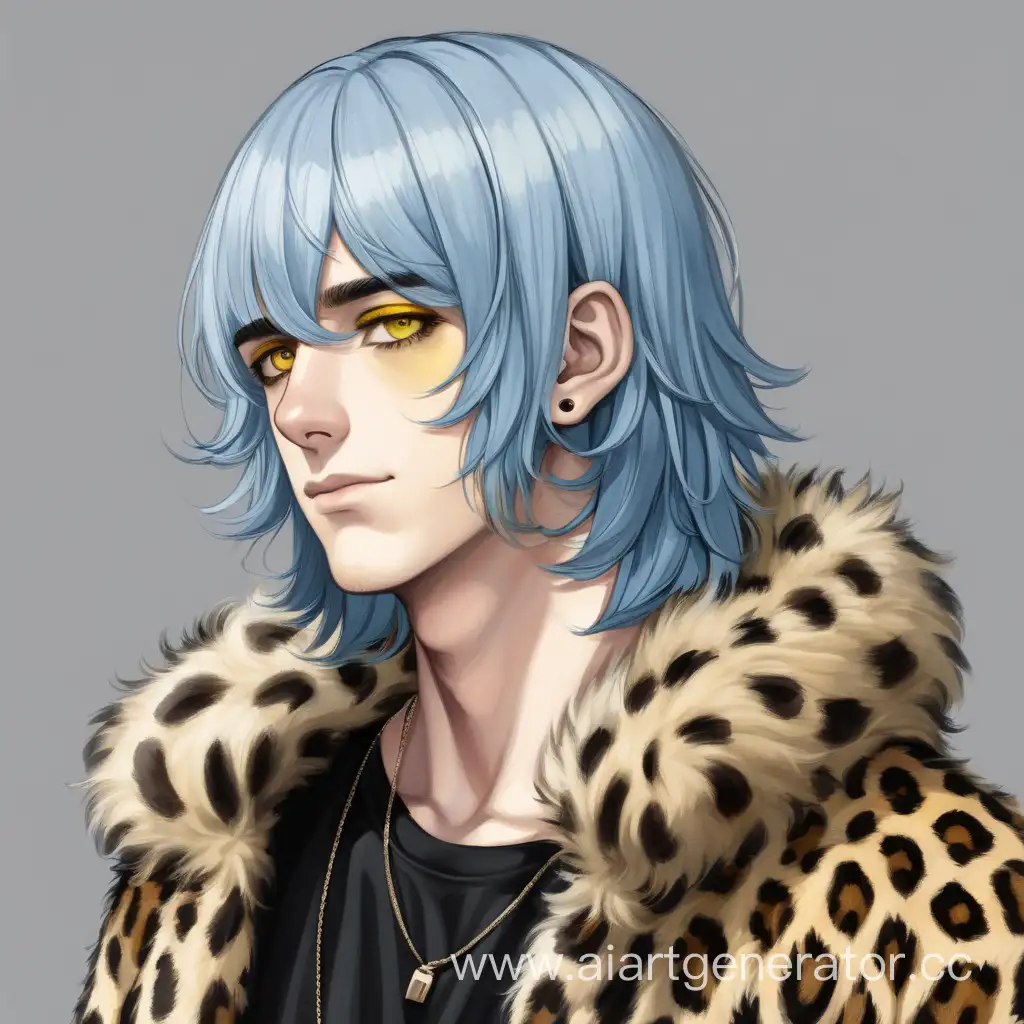 Shoulder-length portrait. A thin pretty guy with straight, chin-length blue hair, yellow eyes, and gray eye shadow. Dressed in a leopard fur coat and a black T-shirt.