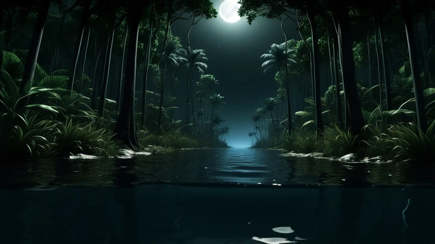 Realistic Night Jungle Scene with Tall Trees and Water