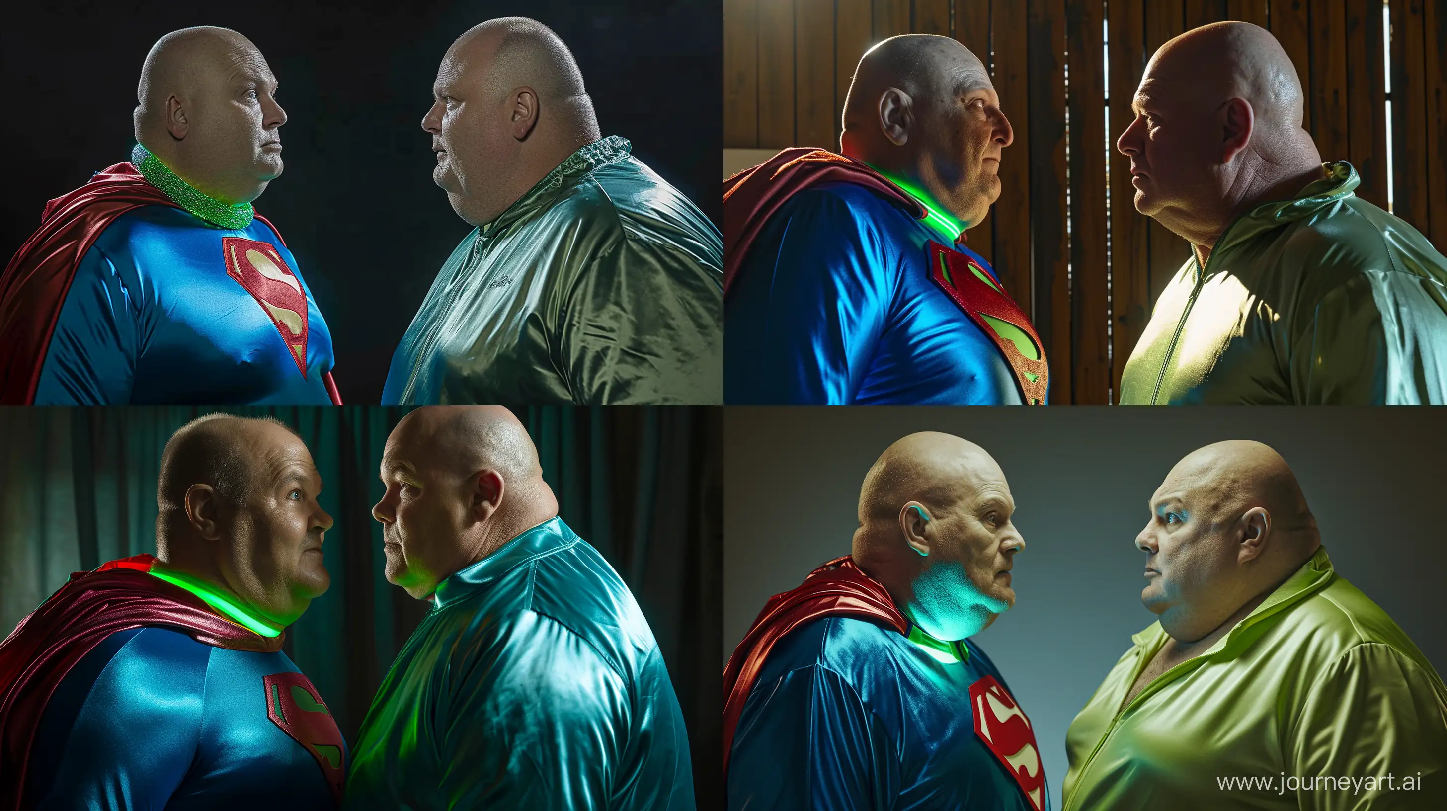 Closeup portrait photo of two men facing each other. The man on the right is a chubby man aged 60 wearing a silky bright green tracksuit jacket. The man on the left is a chubby man aged 60 wearing a blue silky superman costume with a large red cape and a green glowing small short dog collar. Inside. Natural Light. Bald. Clean Shaven. --style raw --ar 16:9 --v 6