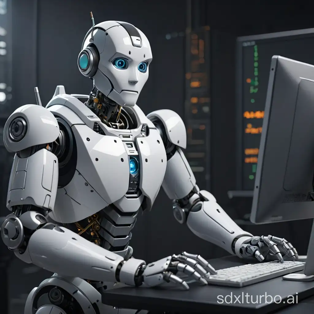 a robot writing on a computer some code