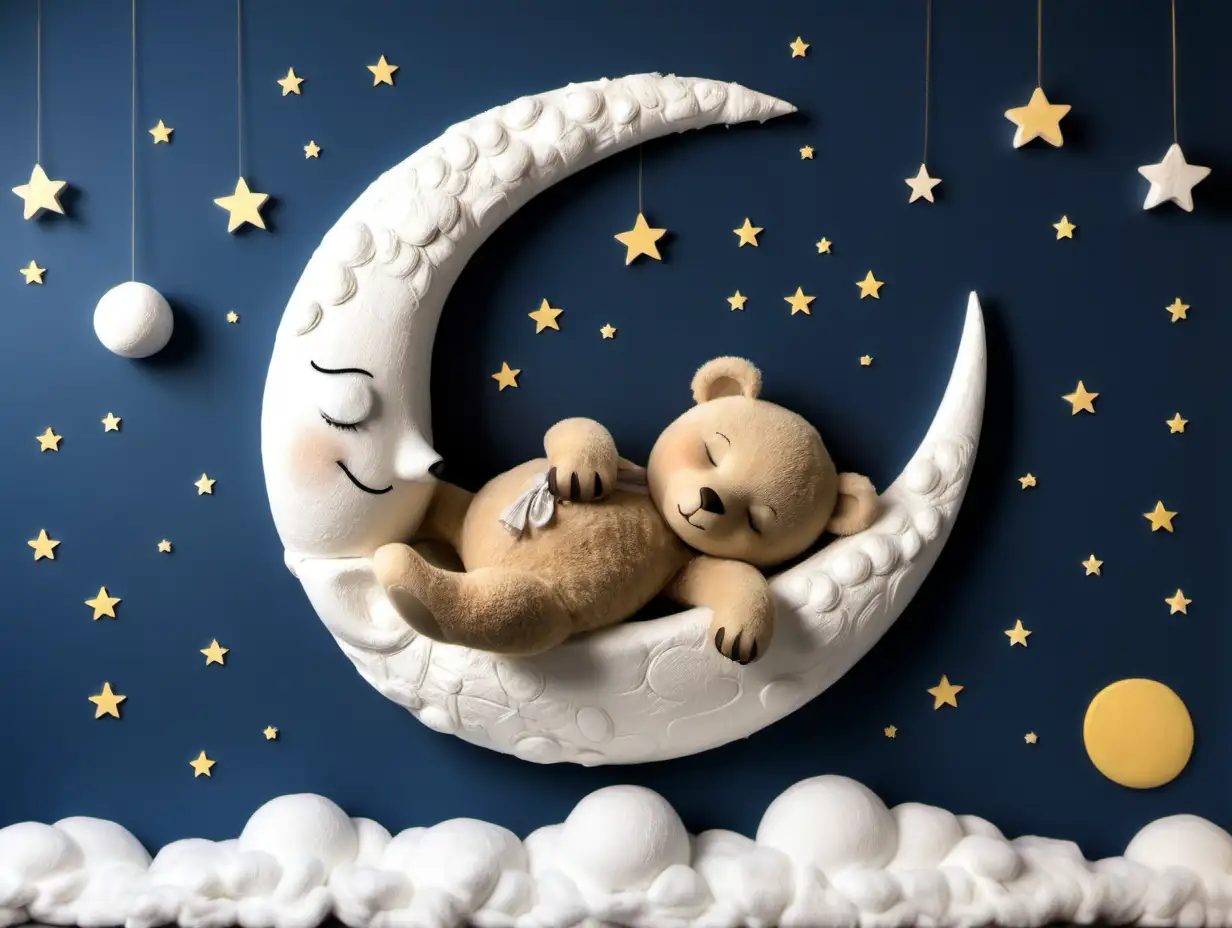 Baby bear sleeping on a moon nursery