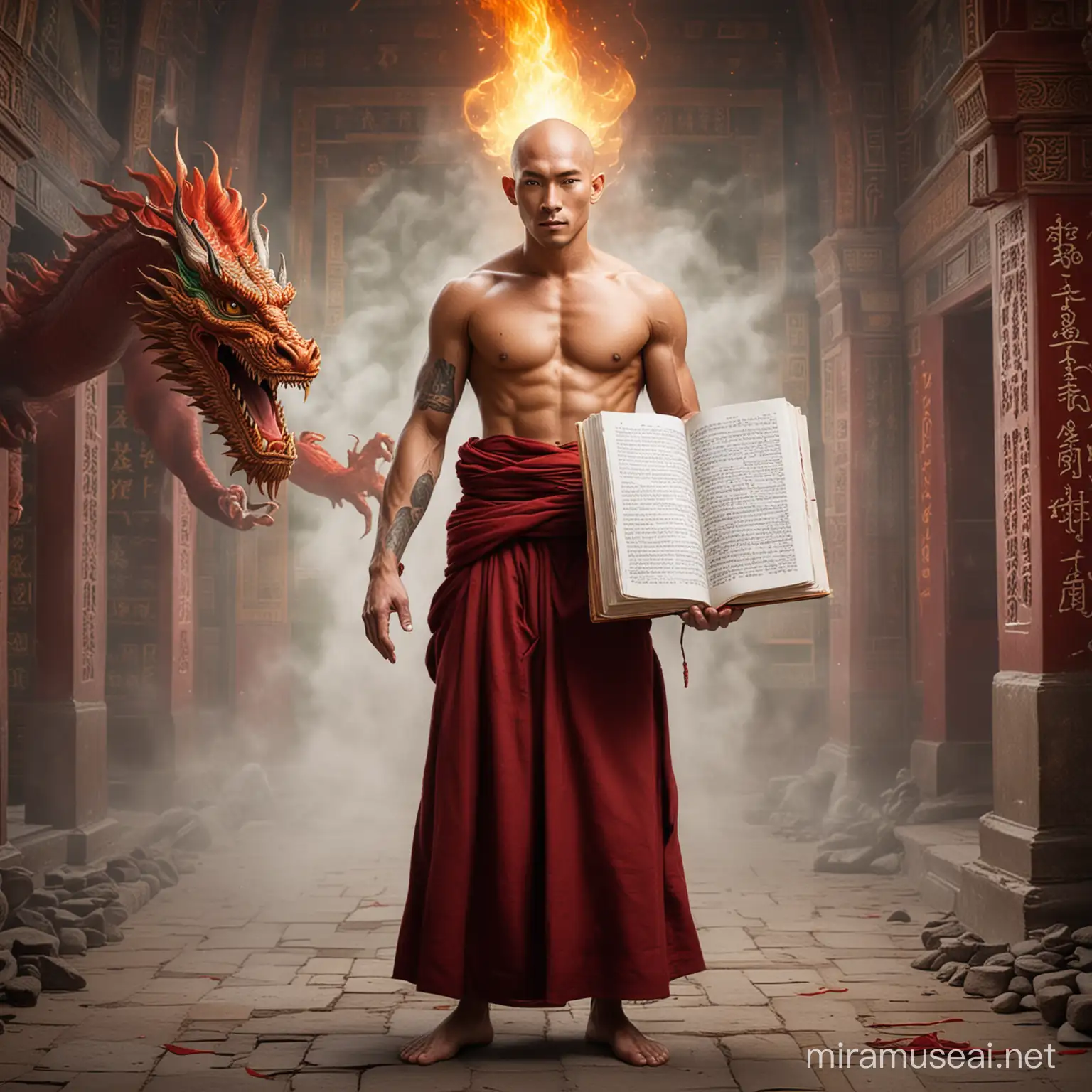 Tibetan Monk Lama Holding Sacred Book with Red Dragon in Monastery