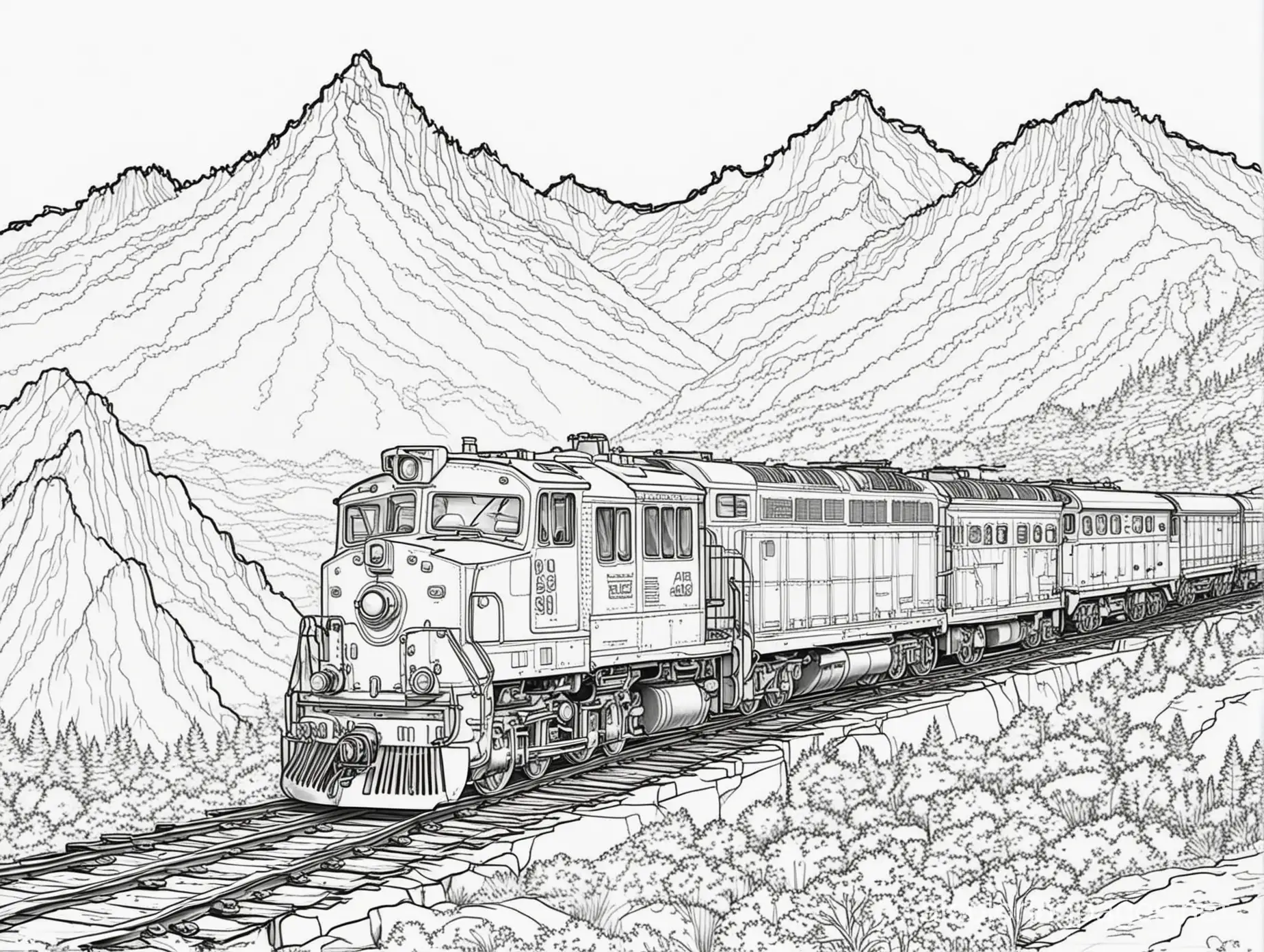 train mountain, Coloring Page, black and white, line art, white background, Simplicity, Ample White Space. The background of the coloring page is plain white to make it easy for young children to color within the lines. The outlines of all the subjects are easy to distinguish, making it simple for kids to color without too much difficulty